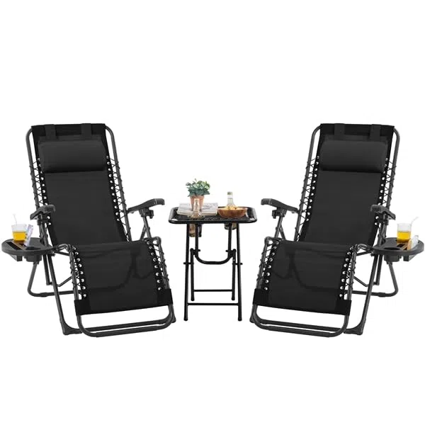 Yaheetech Set di 2 Sedie Sdraio da Giardino Zero Gravity e Tavolino con Portabicchieri, Set Sedie Pieghevoli con Poggiatesta, Portabicchieri, Pedale, Schienale Regolabile, Nero (Nero)