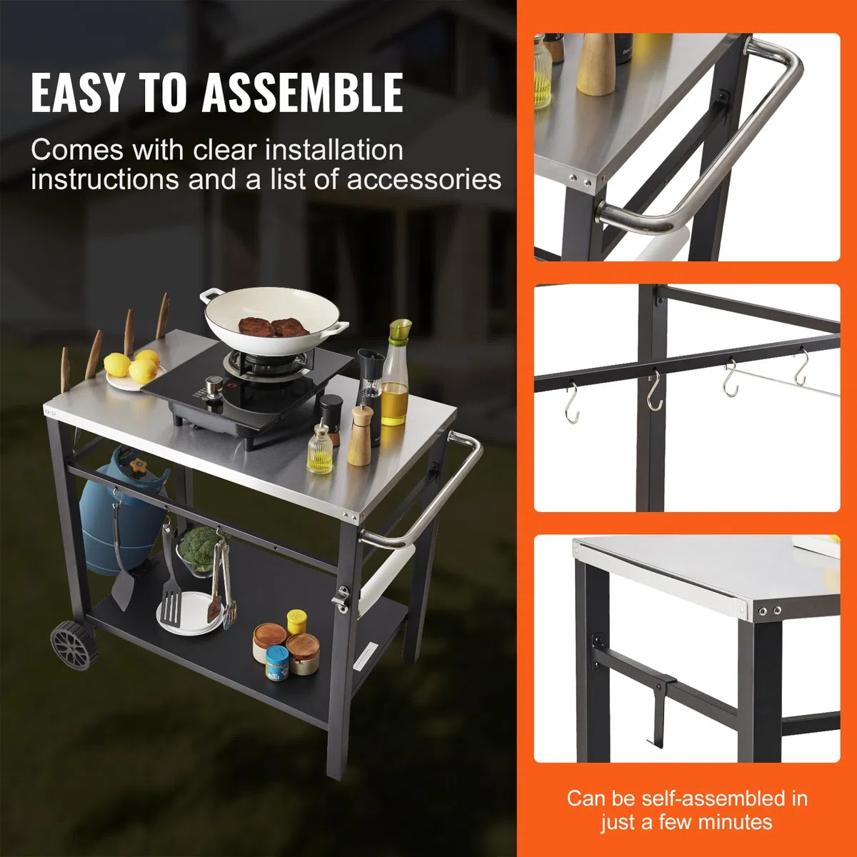 VEVOR Carrello da Pranzo per BBQ da Esterno con Doppio Ripiano, Tavolo Mobile Preparazione degli Alimenti per Barbecue, Piano Multifunzionale in Ferro Pieghevole, Carrelli da Esterno Piano 85x55 cm
