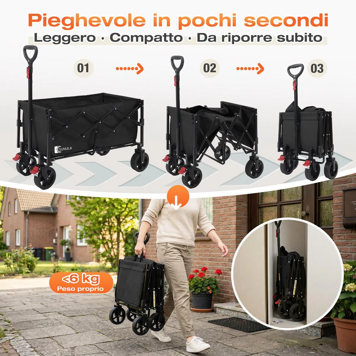 SUNULA Carrello pieghevole piccolo 80L 100KG, carrello pieghevole con peso ridotto, carrello fuoristrada con freni, Nero