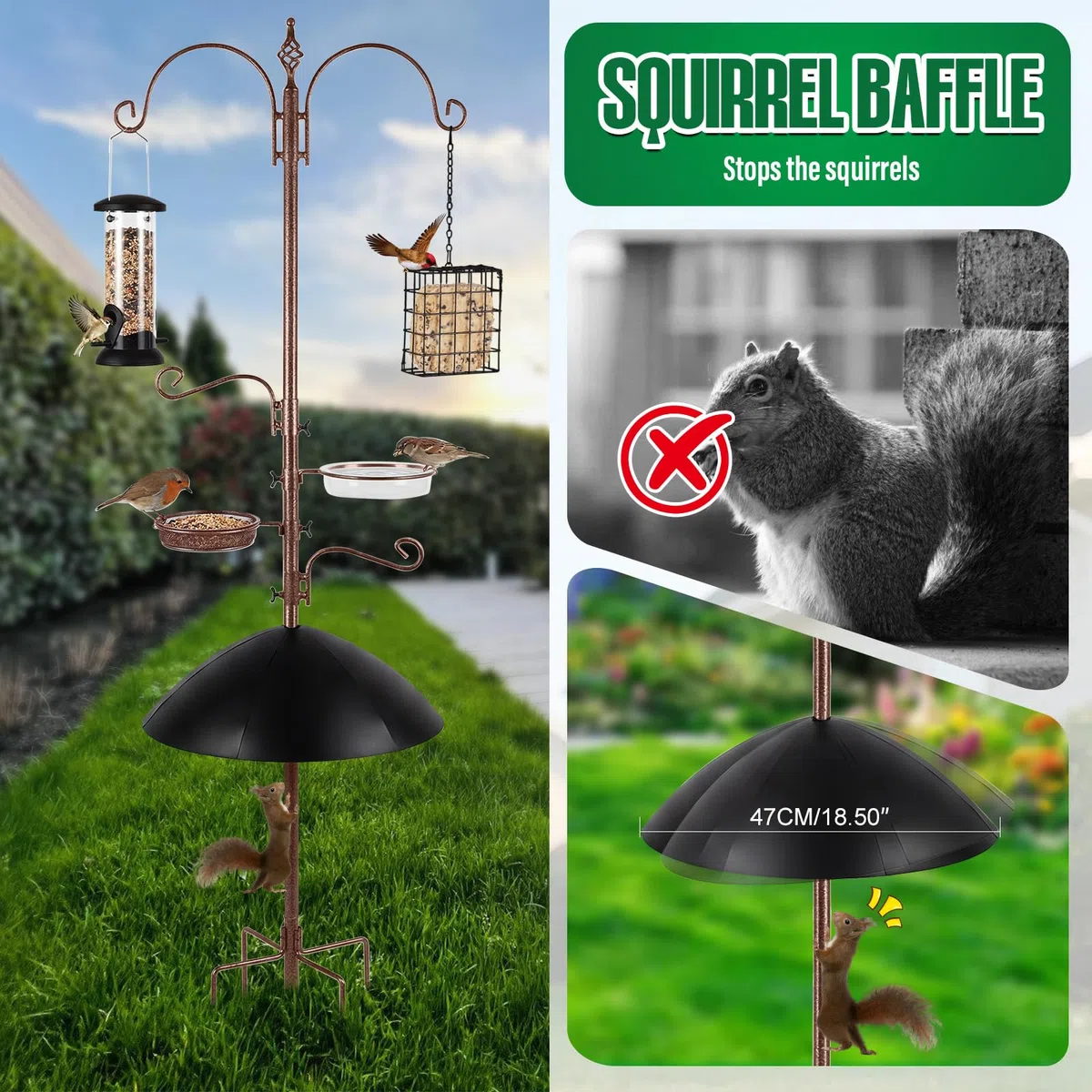 Stazione di Alimentazione per Uccelli con Protezione Anti Scoiattoli, Supporto Mangiatoia con Ganci e Vassoio, per Uccelli Selvatici, Giardino, Balcone, Terrazza e Cortile