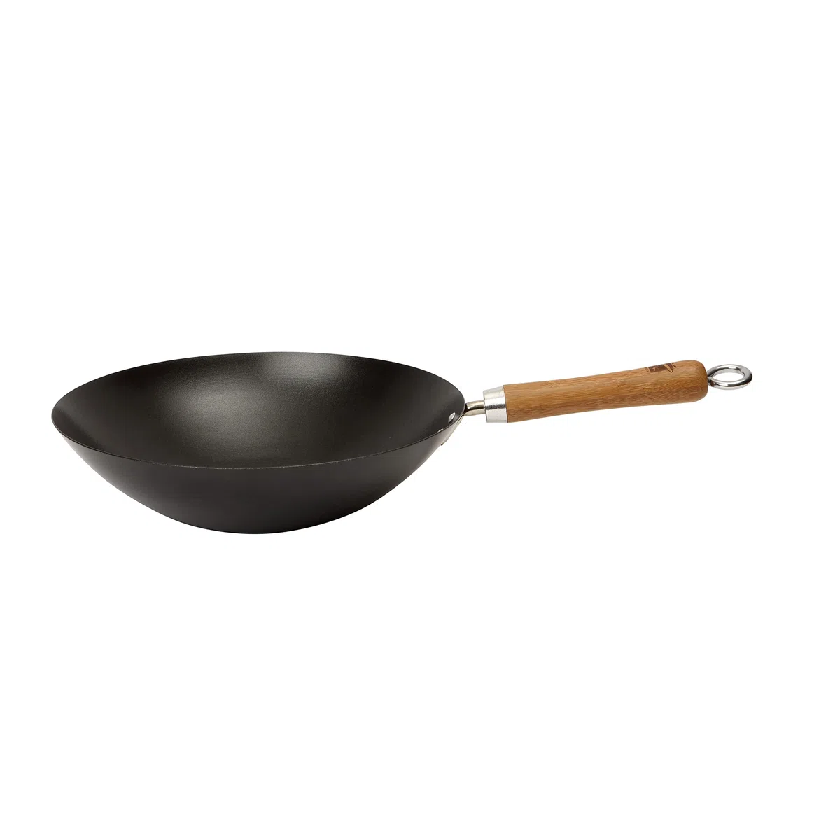 School of Wok - Wok con fondo rotondo in acciaio al carbonio pre-stagionato da 33 cm con manico in bambù