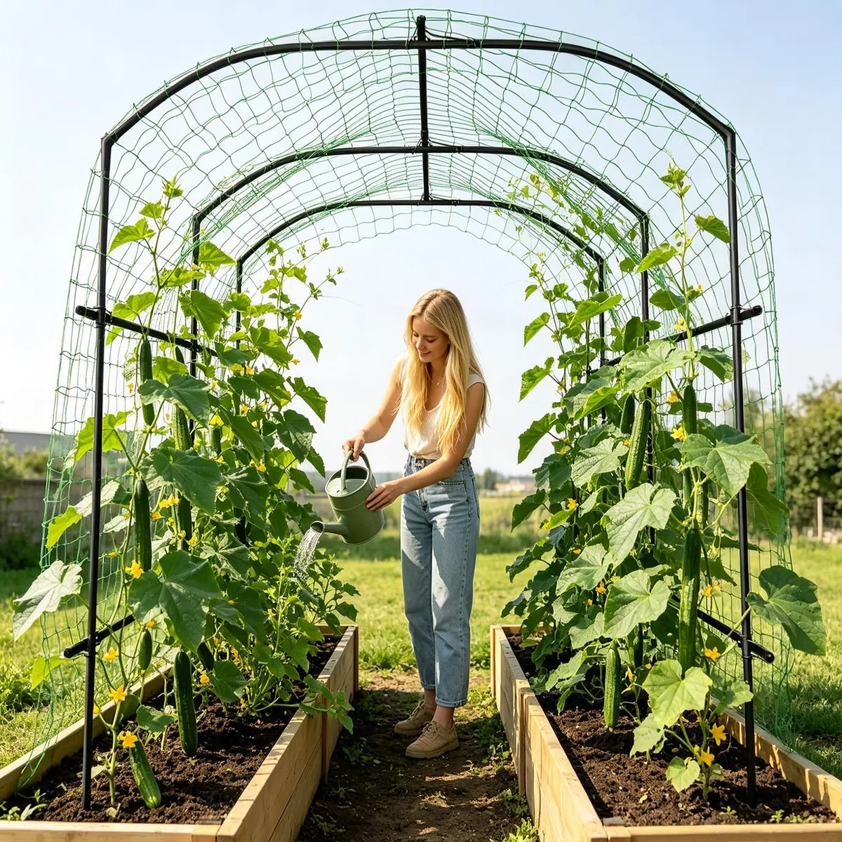SUNYRISY Grande Supporto per Piante Rampicanti, Arco da Giardino per Piante Rampicanti, 220cm di Altezza in Metallo Rivestimento PE con Rete per Rampicanti, Arco per Piante Rampicanti per Cetrioli