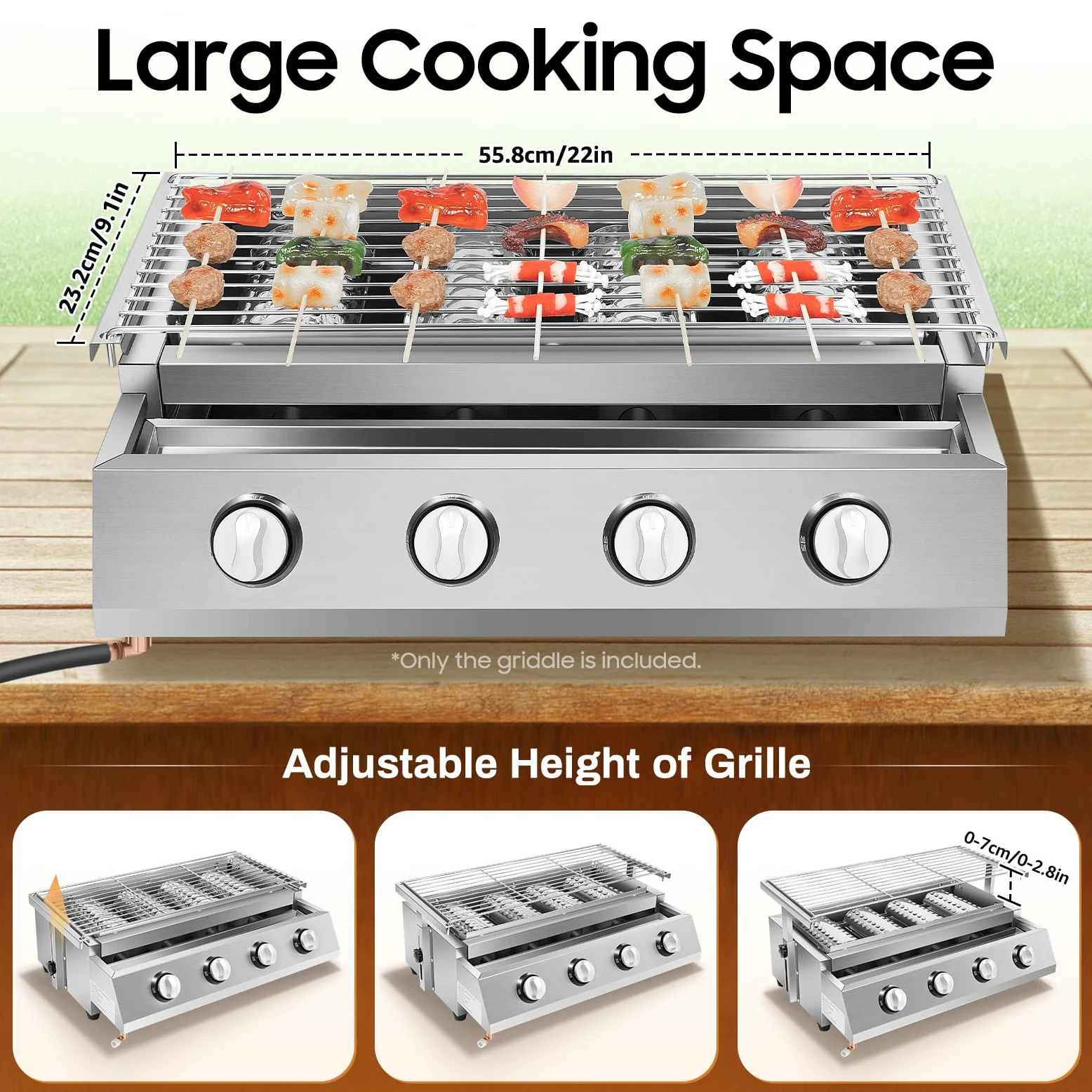 Barbecue a gas 4 bruciatori in acciaio inox 58 x 40 cm, piastra a gas portatile 4 fuochi indipendenti per giardino terrazza campeggio, grill esterno con coperchio 9 5 kg