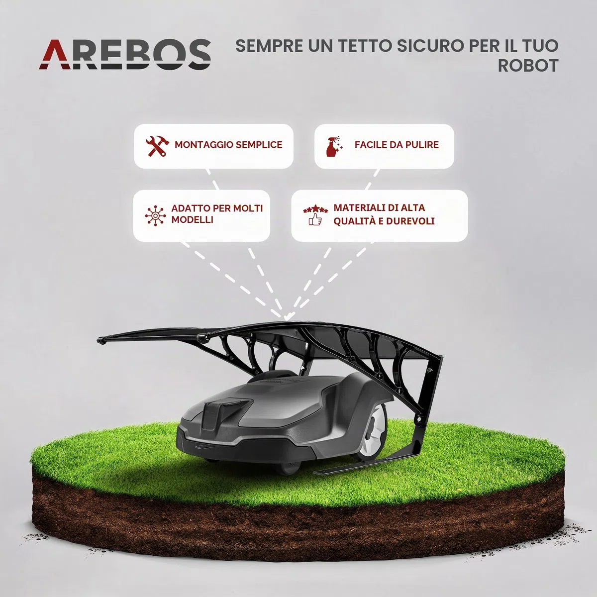 Arebos Garage per Rasaerba Robotizzato | 102 x 79 x 46 cm | resistente alle intemperie + protezione UV | con piedini in metallo | tettuccio per tosaerba