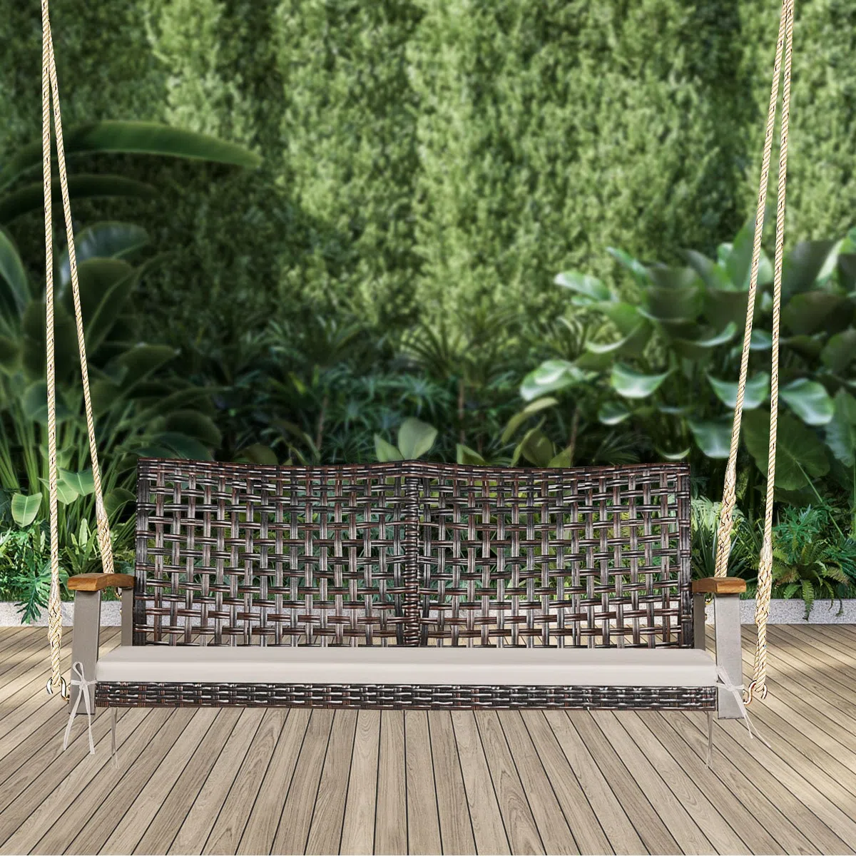 LIFEZEAL Dondolo sospeso a 2 posti, in rattan sintetico, con cuscino, doppia altalena in rattan PE con corde da terrazza, dondolo con schienale e braccioli in legno (beige)