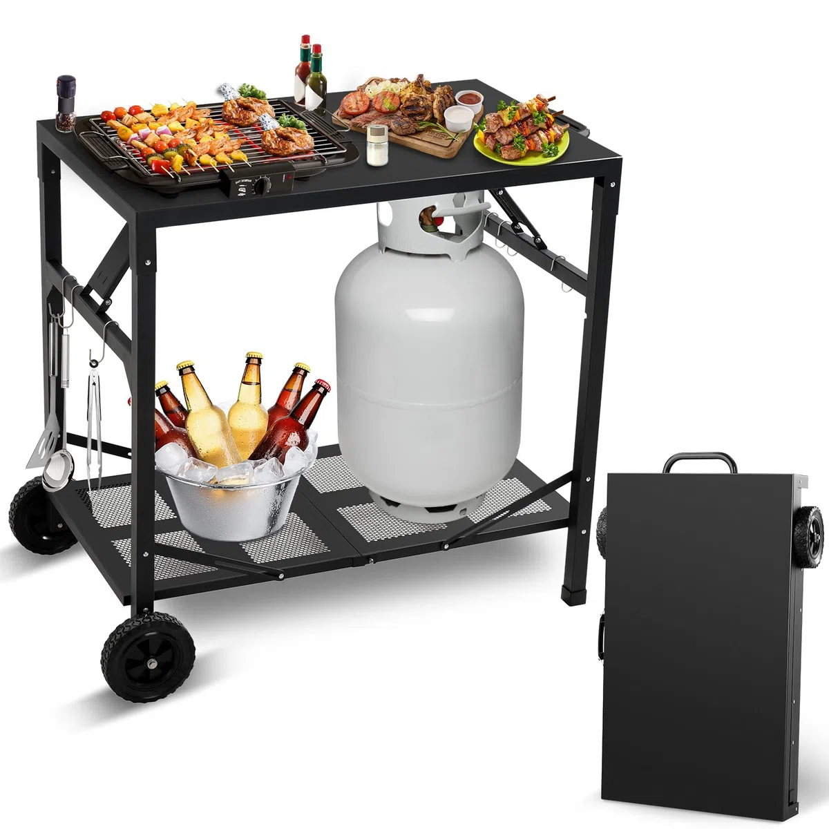KHAMAL Carrello pieghevole per barbecue da esterni, tavolo portatile per pizza con ruote, tavolo da pranzo portatile per esterni, barbecue, interni, cucina