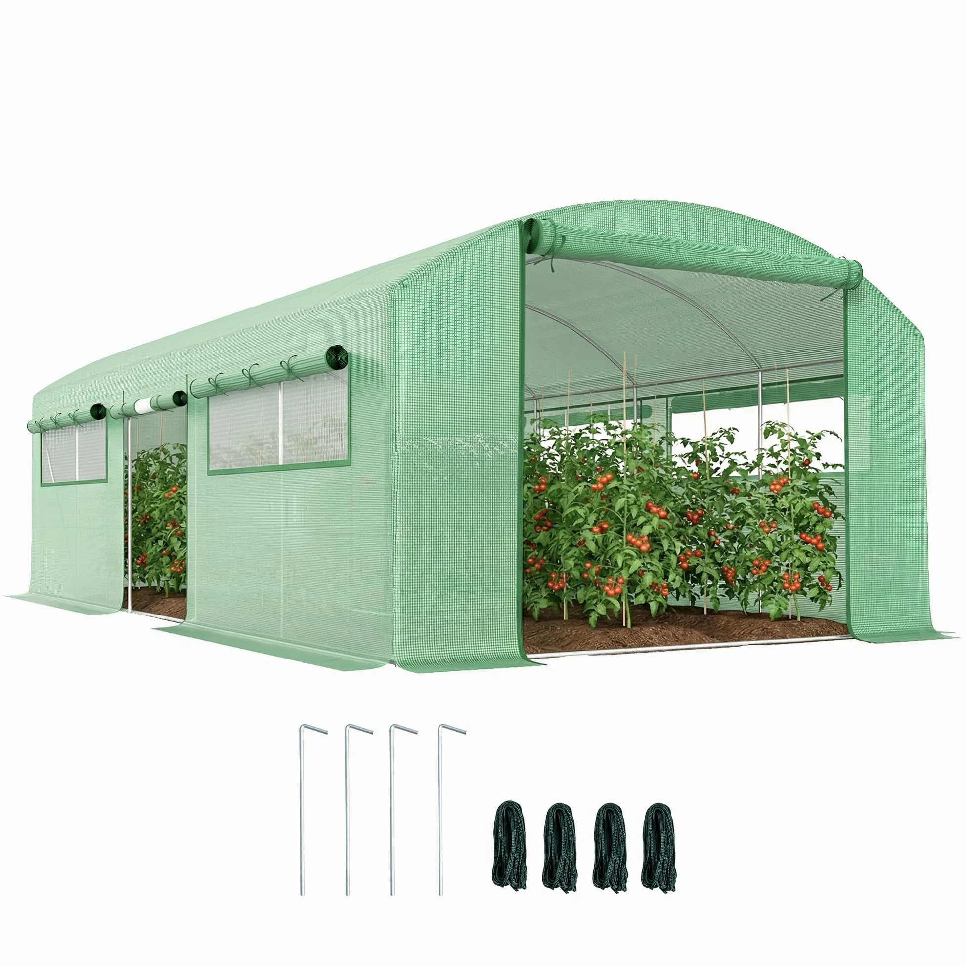 Outsunny Serra a Tunnel 6x3x2 m con 3 Porte Avvolgibili, 6 Finestrelle, Picchetti e Funi, Serra da Giardino per Orto e Piante in Acciaio Zincato e PE, Verde