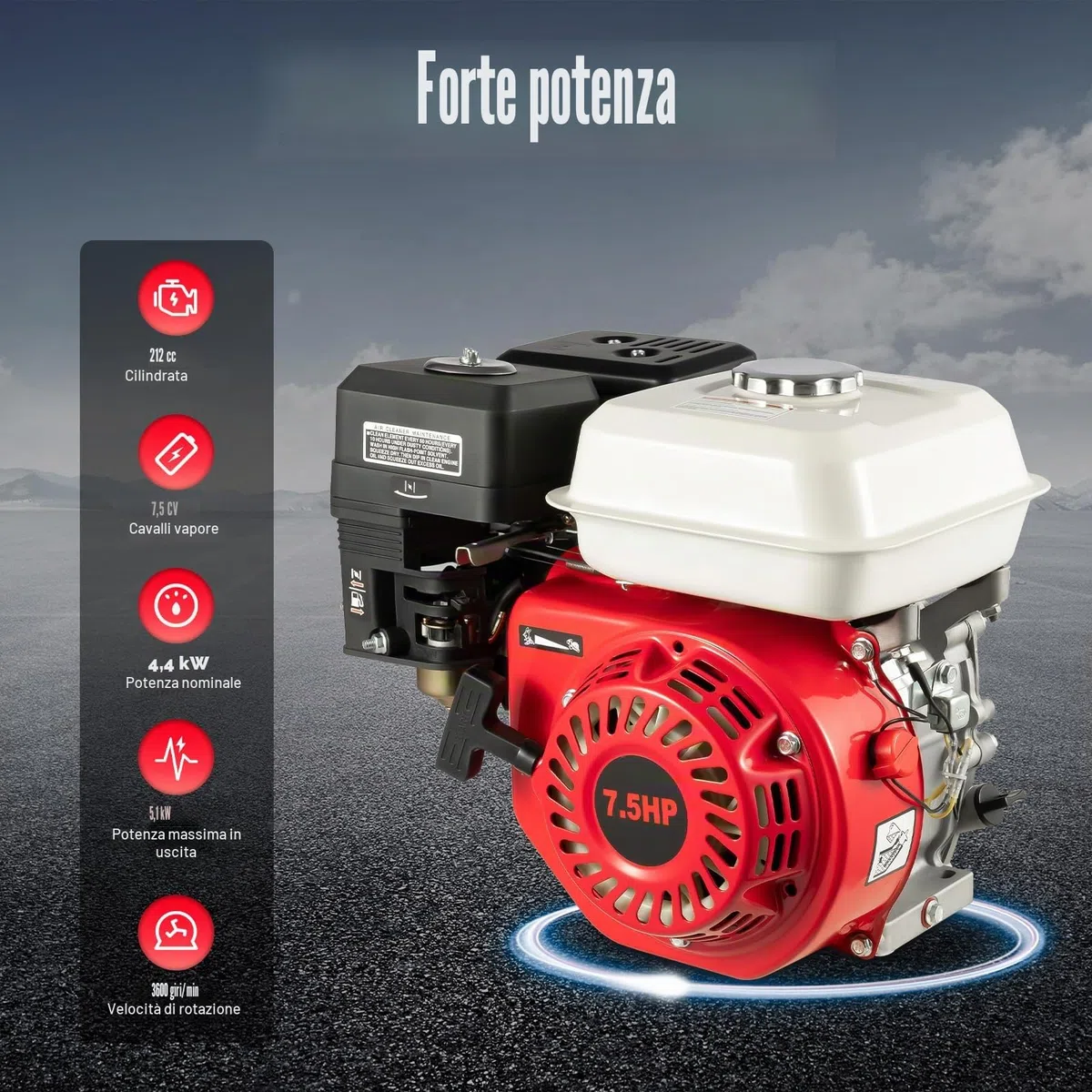 Motore a benzina 7.5 HP 4 tempi OHV motore a benzina 5.1 KW 3600 giri/min motore a terra con allarme olio (bianco rosso) (rosso e bianco)