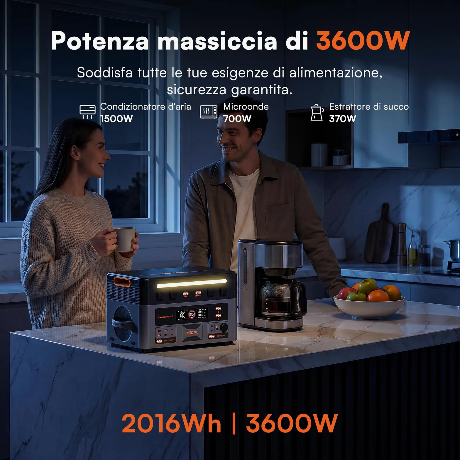 OSCAL PowerMax 3600PE Centrale Elettrica Portatile, LFP Batteria da 2016Wh, 4 Uscite CA 3600W (7200W Picco), Portable Power Station per casa, Campeggio e Camper