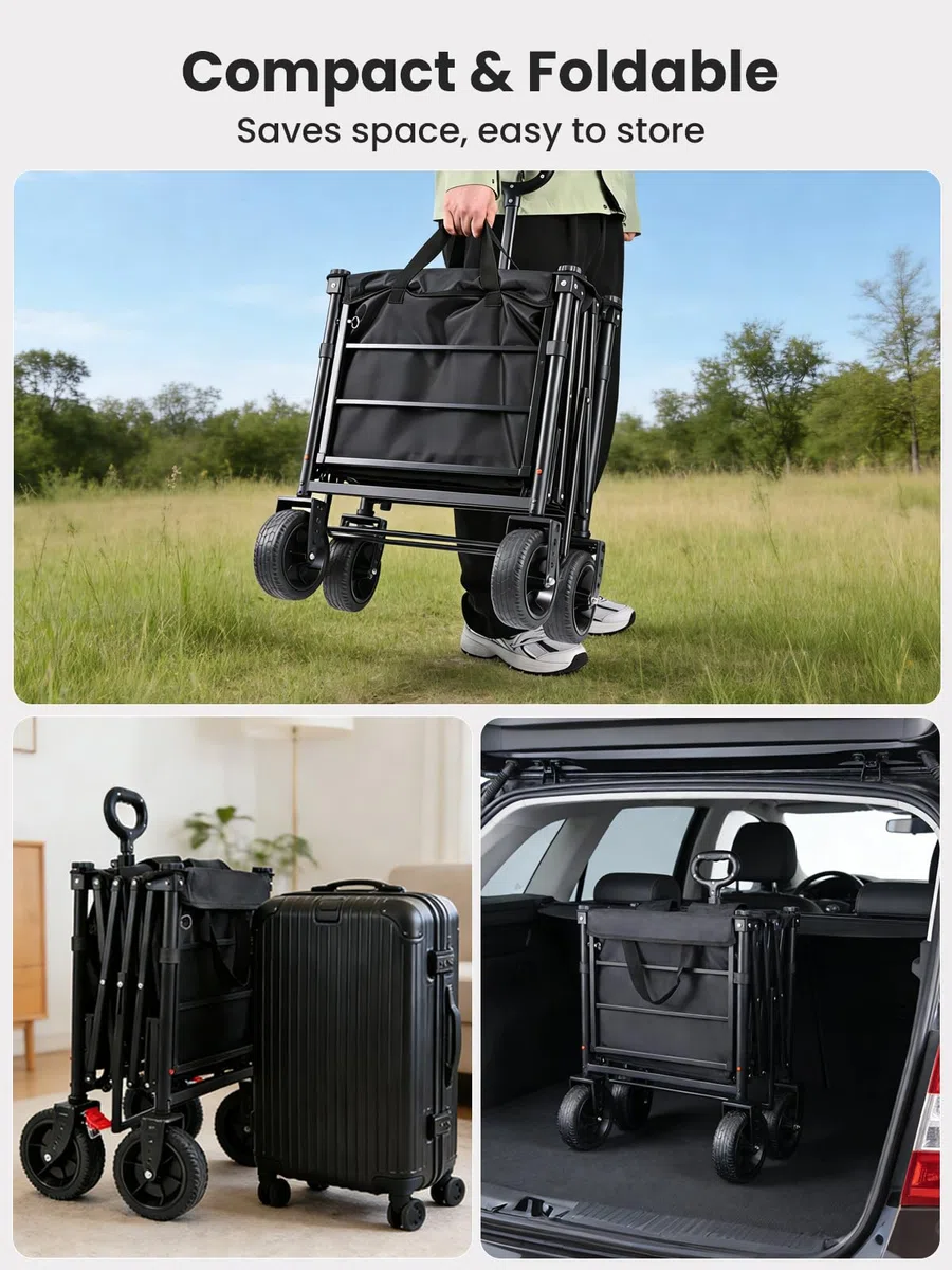 YEAUPE PRO Carrello Spiaggia, Carrello Pieghevole con Ruote – Doppi freni ant., ruote grandi, manico reg., post. aprib. oggetti lunghi – per campeggio/spiaggia, 160-240L, Nero Lucido