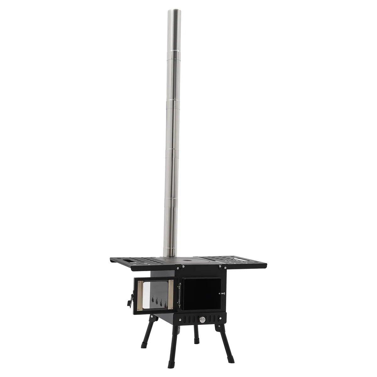Stufa a legna pieghevole da campeggio con camino, altezza regolabile 36-56 cm, per esterni, barbecue e riscaldamento (acciaio inossidabile)