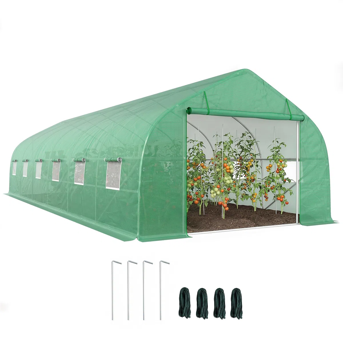 Outsunny Serra da Giardino a Tunnel 8x3x2 m con Porta Avvolgibile, Serra per Orto a Punta con 12 Finestre, Copertura in PE e Struttura in Acciaio, Verde