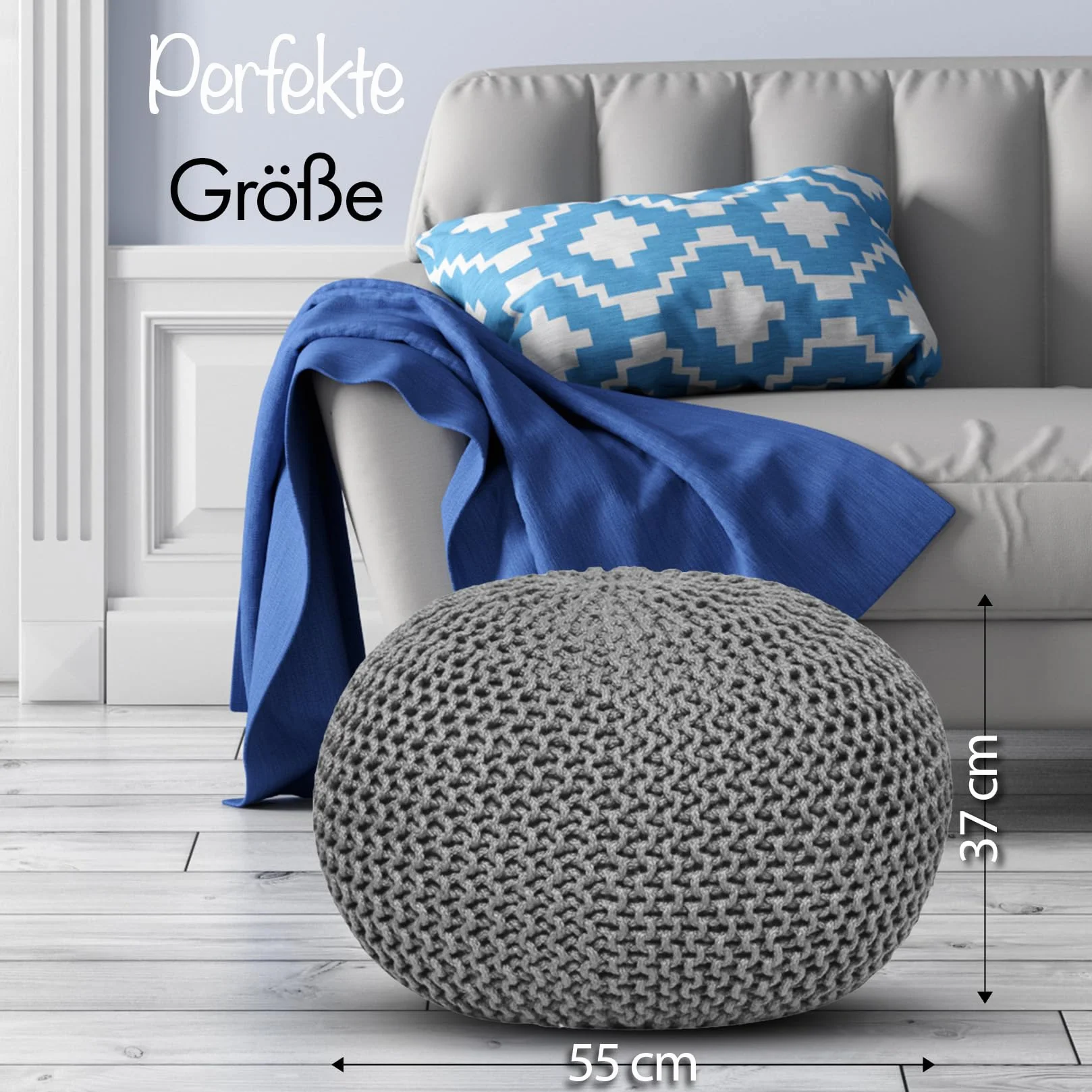 Pouf di alta qualità, impermeabile, Ø 55 cm o 45 cm, pouf per interni ed esterni, effetto maglia grossa, per giardino, terrazza, piscina, 100% plastica riciclata (grigio argento, Ø 55 cm)