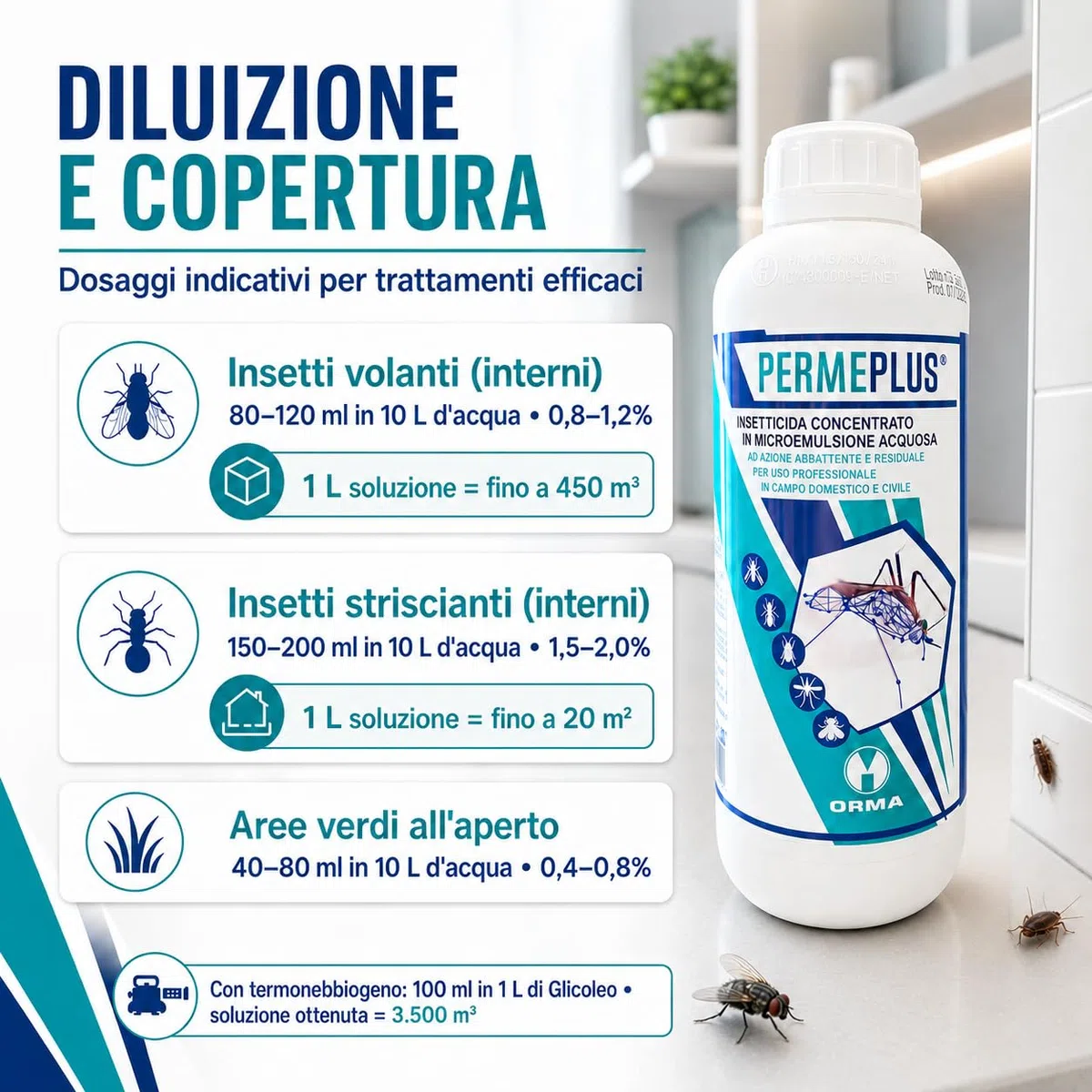 ORMA PERME PLUS | 1 Litro Insetticida Concentrato Zanzare, Mosche, Insetticida Blatte in Microemulsione - Azione Snidante e Residuale - Uso Interno ed Esterno - Inodore e Facile da Usare