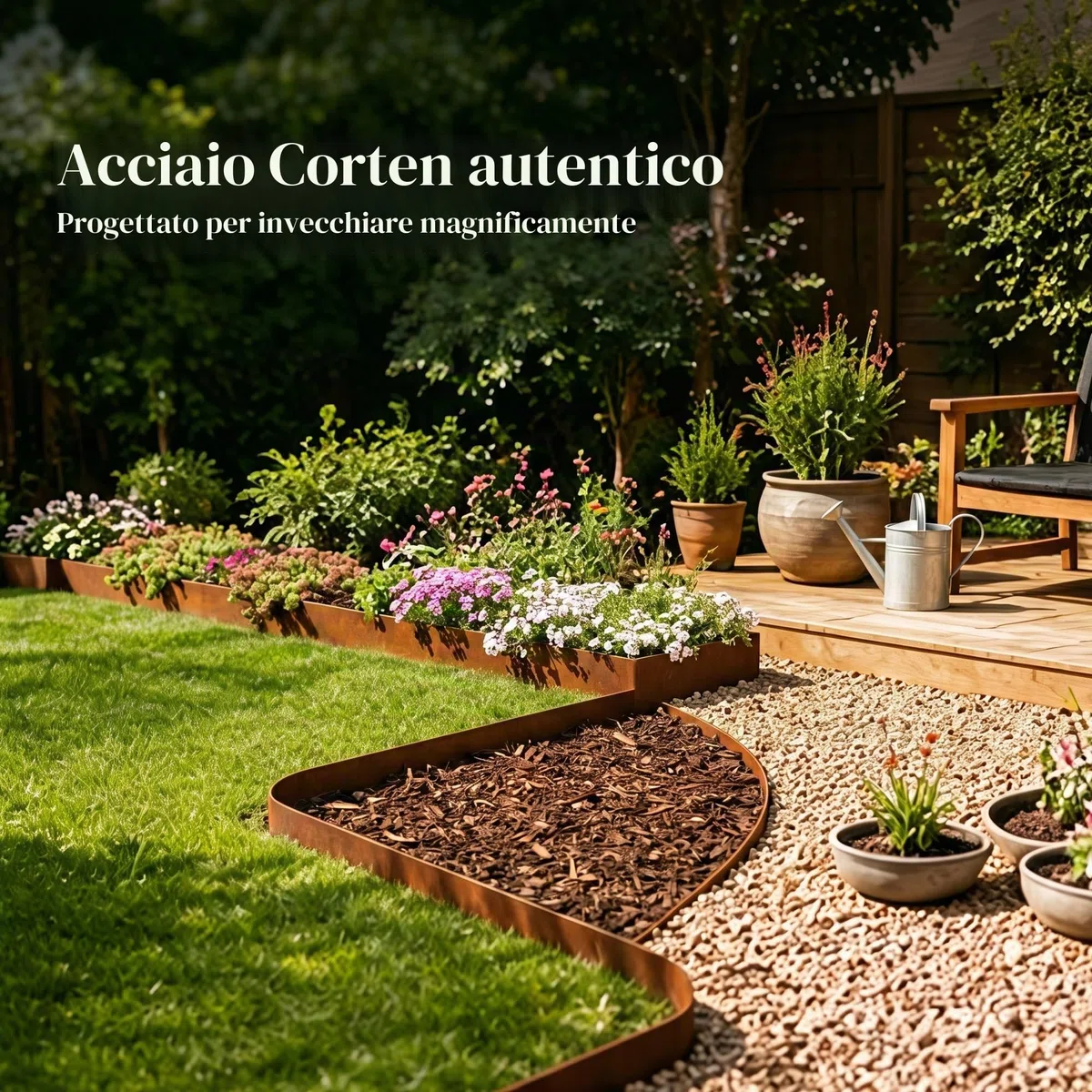 Bordo per bordatura del prato, altezza 20 cm, confezione da 6 pezzi pre-arrugginito Cor-Ten in acciaio – Non scavare martello, 6 m di lunghezza totale, con 7 clip e guanti K649B02