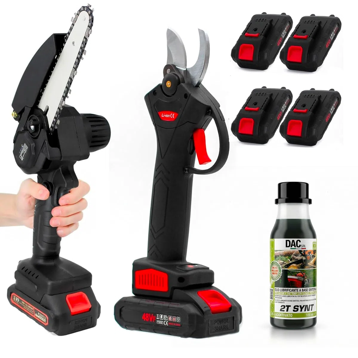 081 Store - Set da Potatura 48V Con Forbici e Motosega 6 Pollici + 4 Batterie + 1 bottiglia di olio lubrificante, Garanzia 2 Anni, 4 Batterie e Valigette, Assistenza Immediata