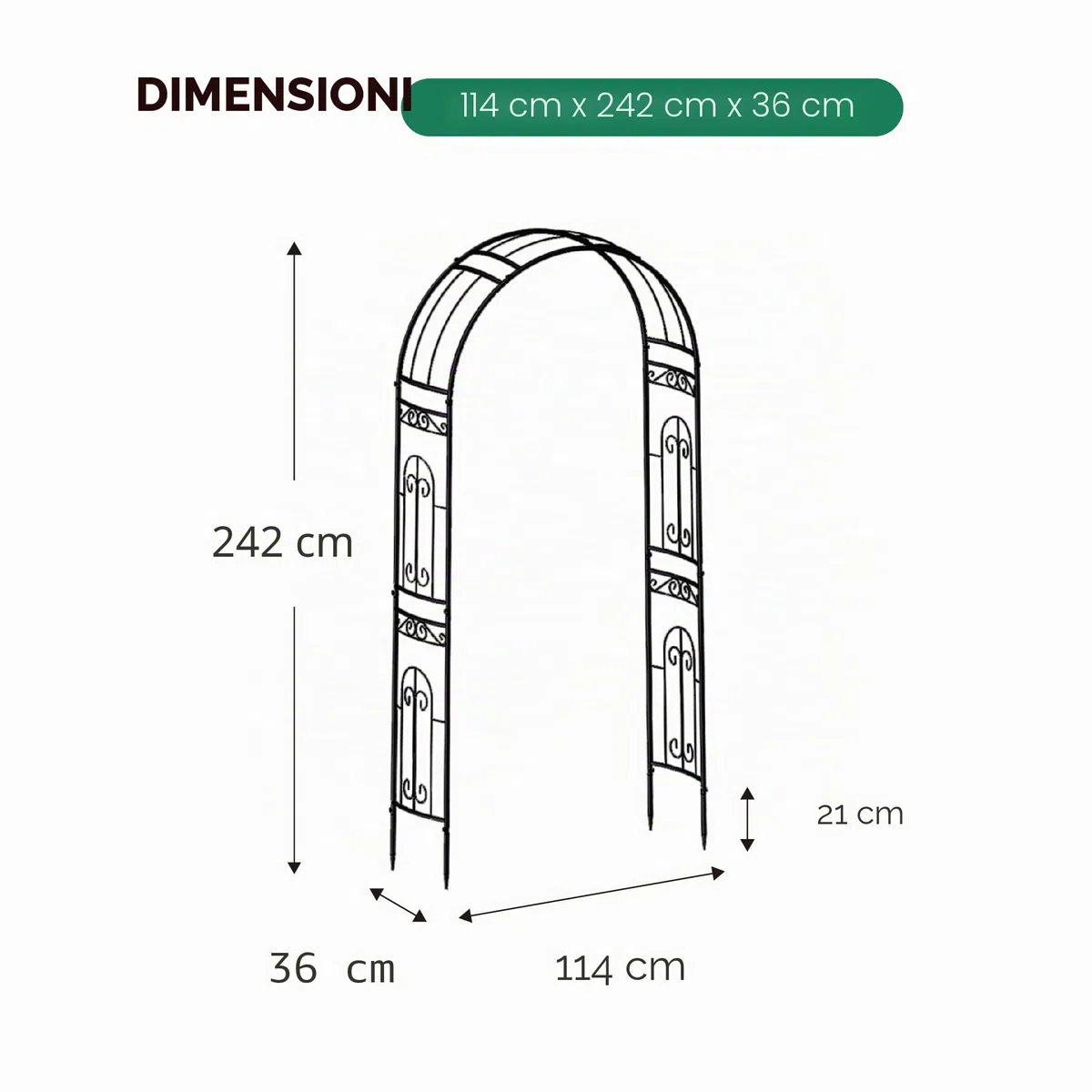 GARDEN Arco per Rose Rampicanti, Decorazione Giardino, in Metallo, Resistente, 220 x 114 x 36 cm, Design Romantico, Nero