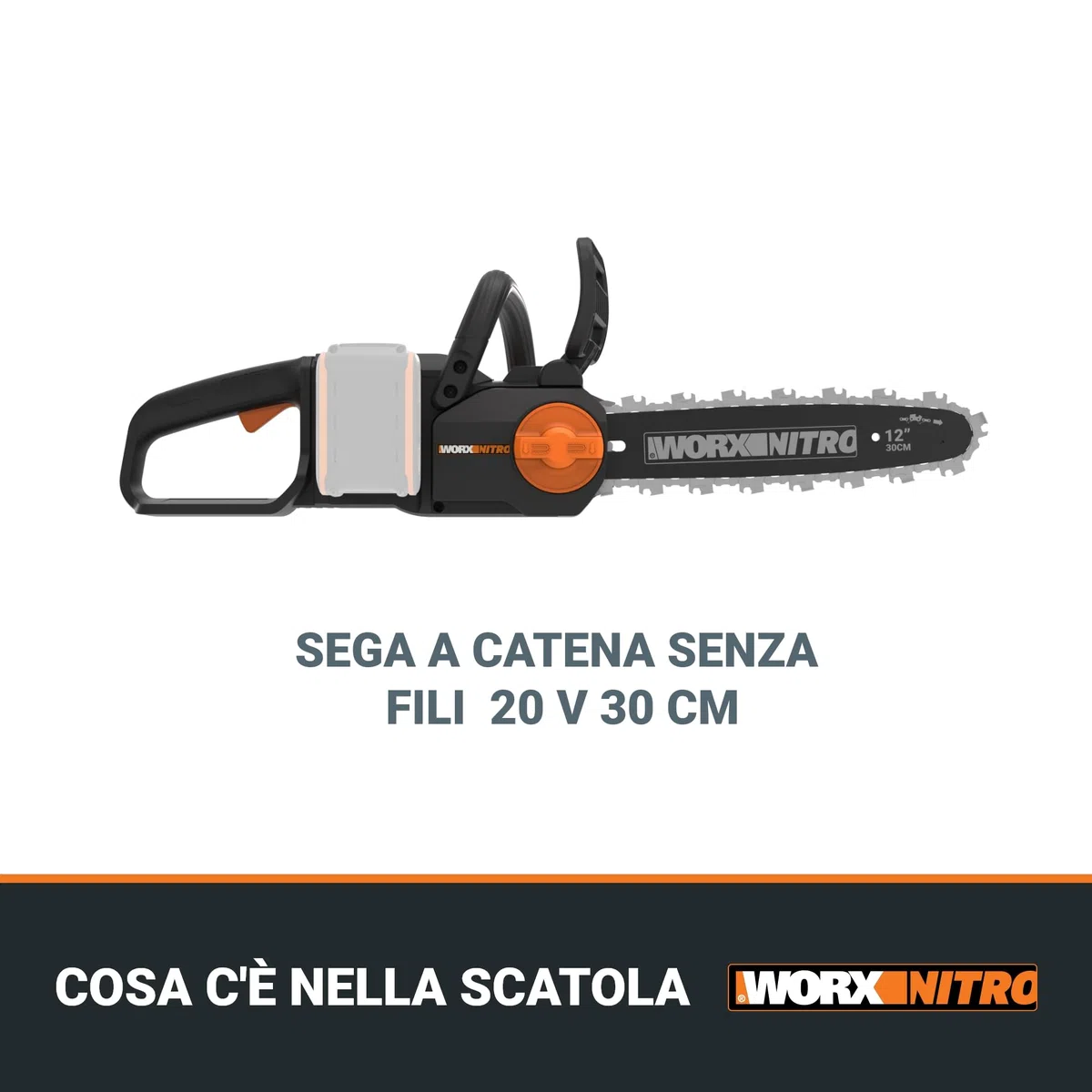 WORX Nitro WG350E.9 Motosega a batteria 20 V – potente sega per legno – 10 m/s – lunghezza di taglio 30 cm – compatta e sicura – solo utensile