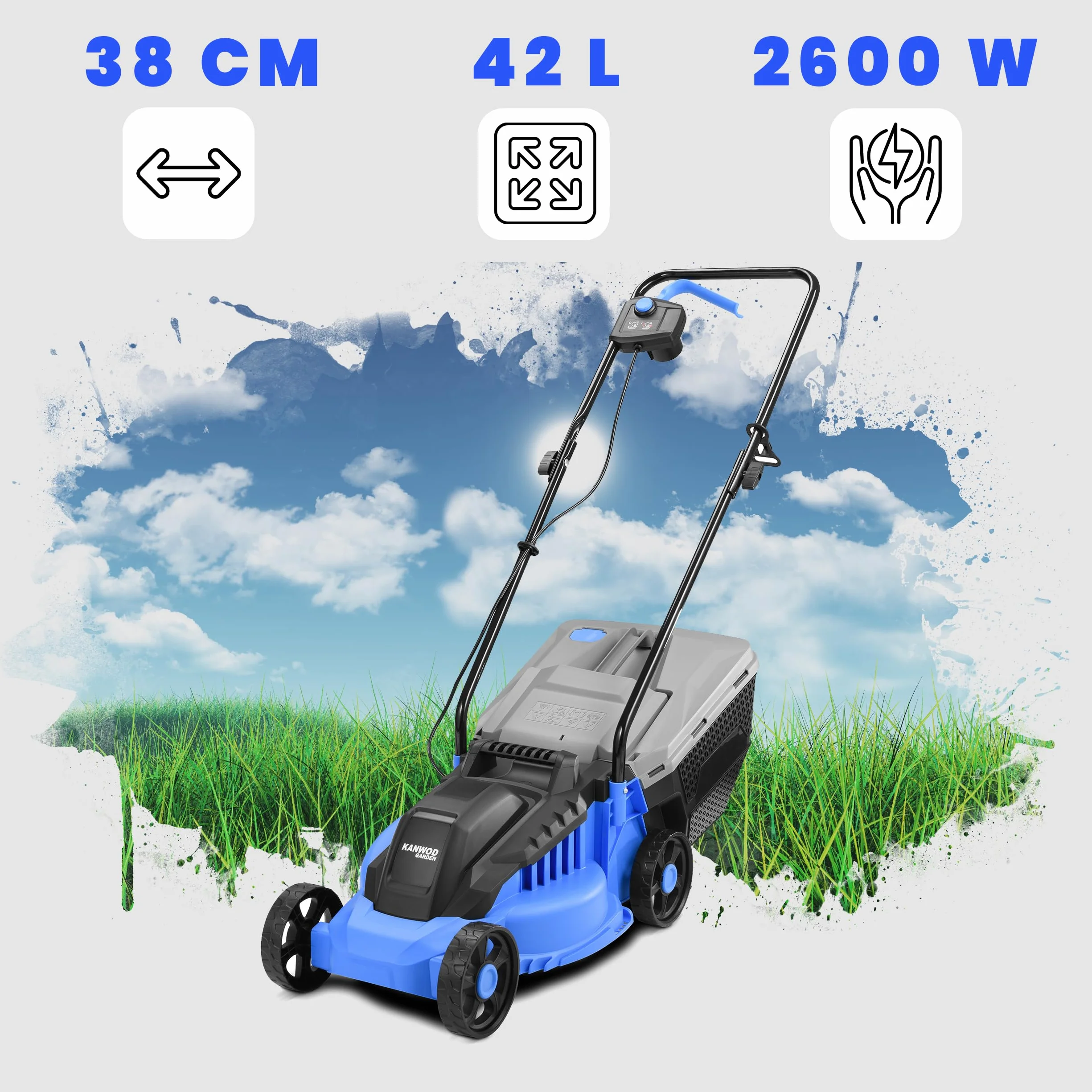 KANWOD Tagliaerba Elettrico, 1600 W, Larghezza di Taglio 38 cm, Cesto Raccoglierba 42 L, Regolazione Altezza Taglio 5 Livelli 30-75 cm, Tosaerba per superfici fino 1000 m², 3400 giri/min, Grigio/Blu