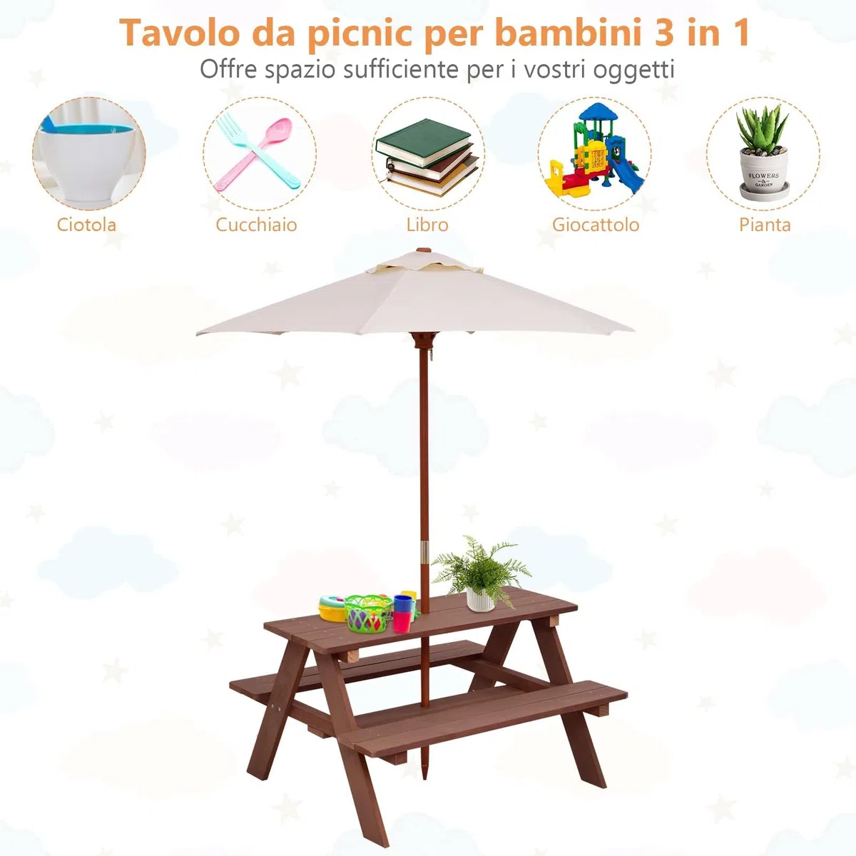 GYMAX Set Tavolo da Picnic e Panca per Bambini, Tavolo da Gioco in Legno di Abete con Ombrellone Rimovibile e Pieghevole, per Giardino Cortile Patio, Bambini (Stile 2)