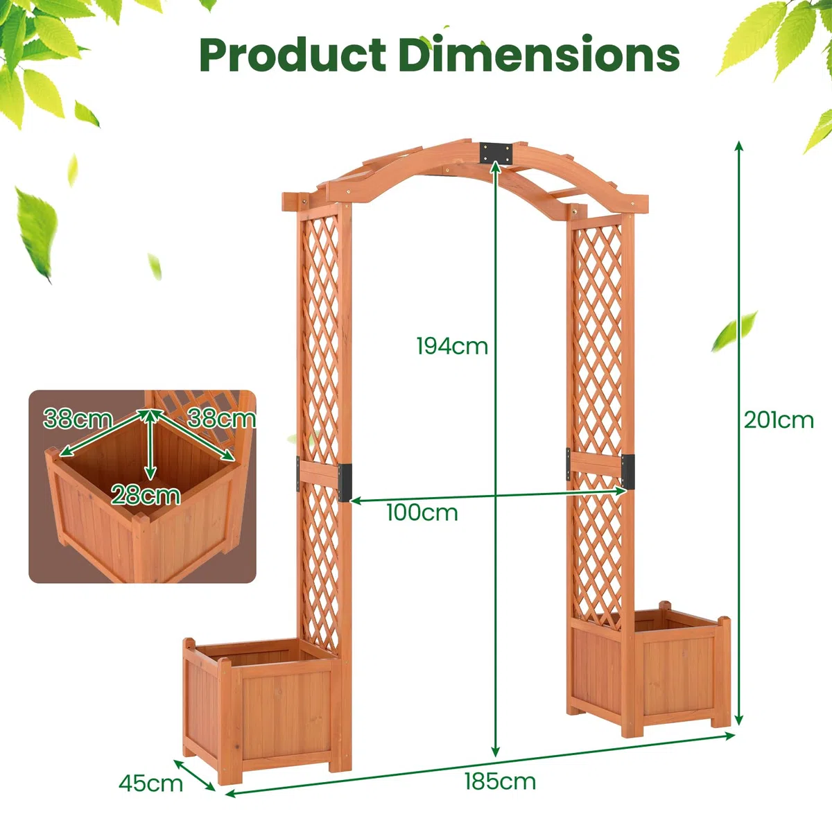 HOMASIS Arco per Rampicanti in Legno, Arco da Giardino con 2 Vasi, Pergolato da Giardino per Verdure, Decorazione per Patio, Cortile (Arancione, 185 x 45 x 201 cm)