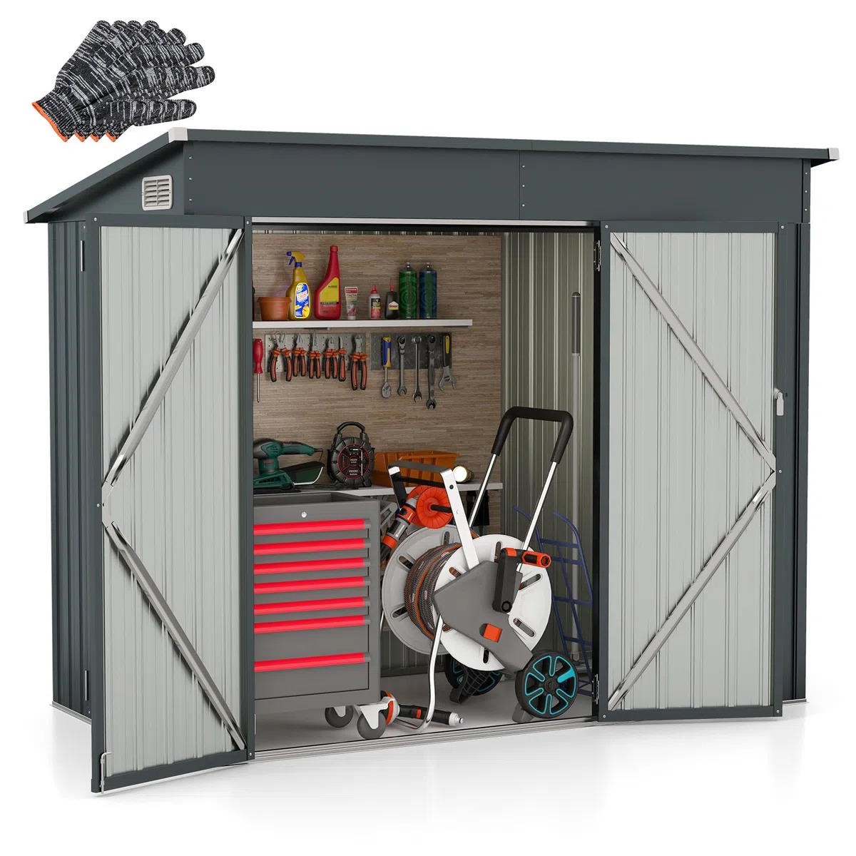 HOMASIS Casetta Attrezzi Giardino in Metallo, Capanno per Attrezzi con 2 Porte e 2 Finestre per Ventilazione, 235 x 117 x 185 cm, Ripostiglio da Esterno con 2 Paia di Guanti (Grigio Scuro)