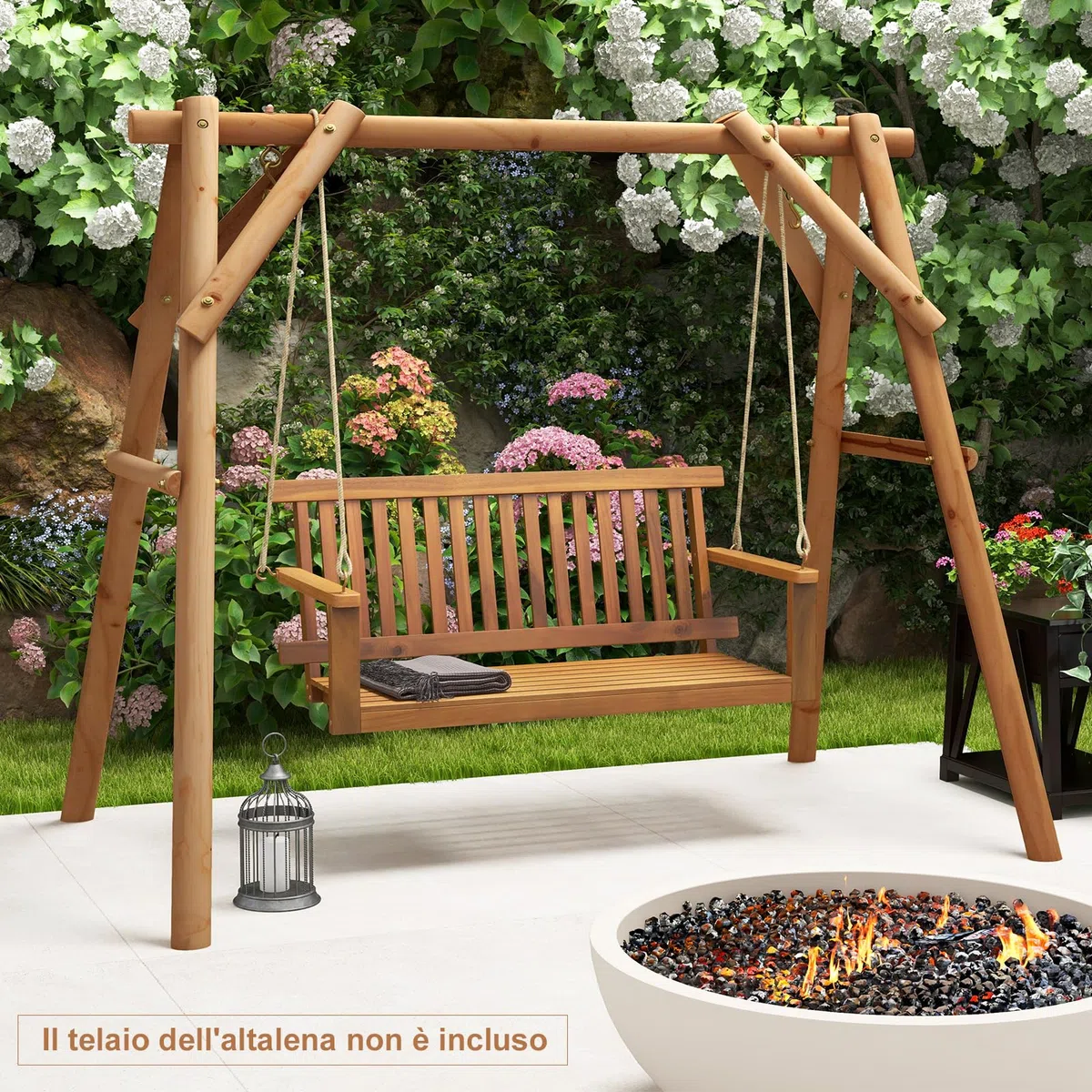 COSTWAY Altalena da Giardino in Legno di Acacia, Panchina Sospesa con 2 Posti, Sedia a Dondolo per Giardino, Sedia Sospesa con Schienale, Portata 360 kg, per Giardino Balcone Cortile
