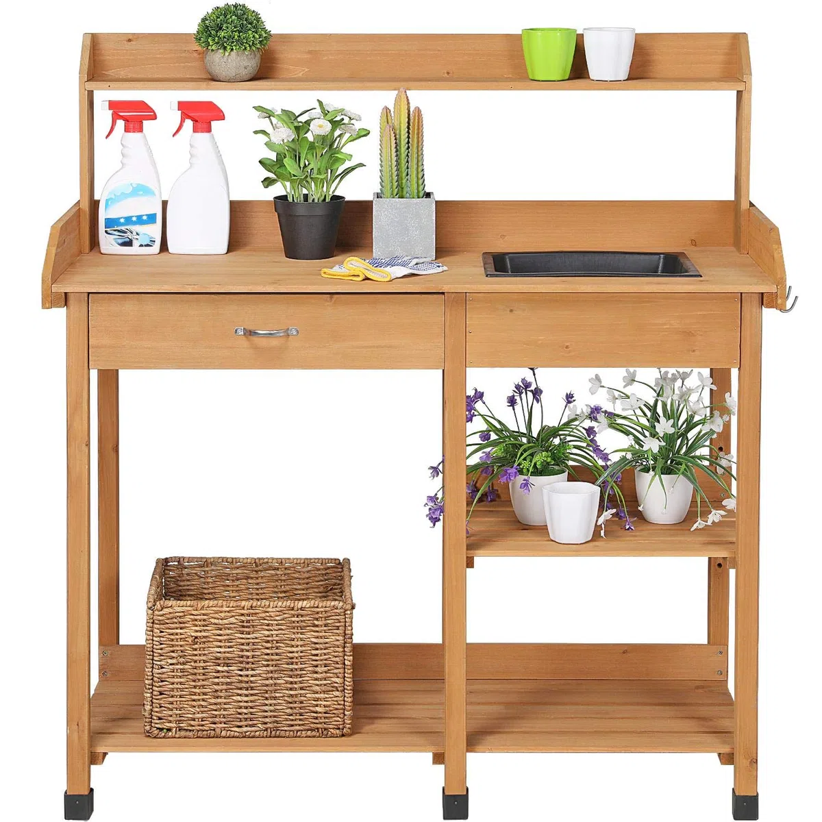 Yaheetech Tavolo Lavoro da Giardino per Piante in Legno con Lavandino Rimovibile Cassetto Spazioso Ganci Armadietto 114,8 x 45 x 121 cm Marrone