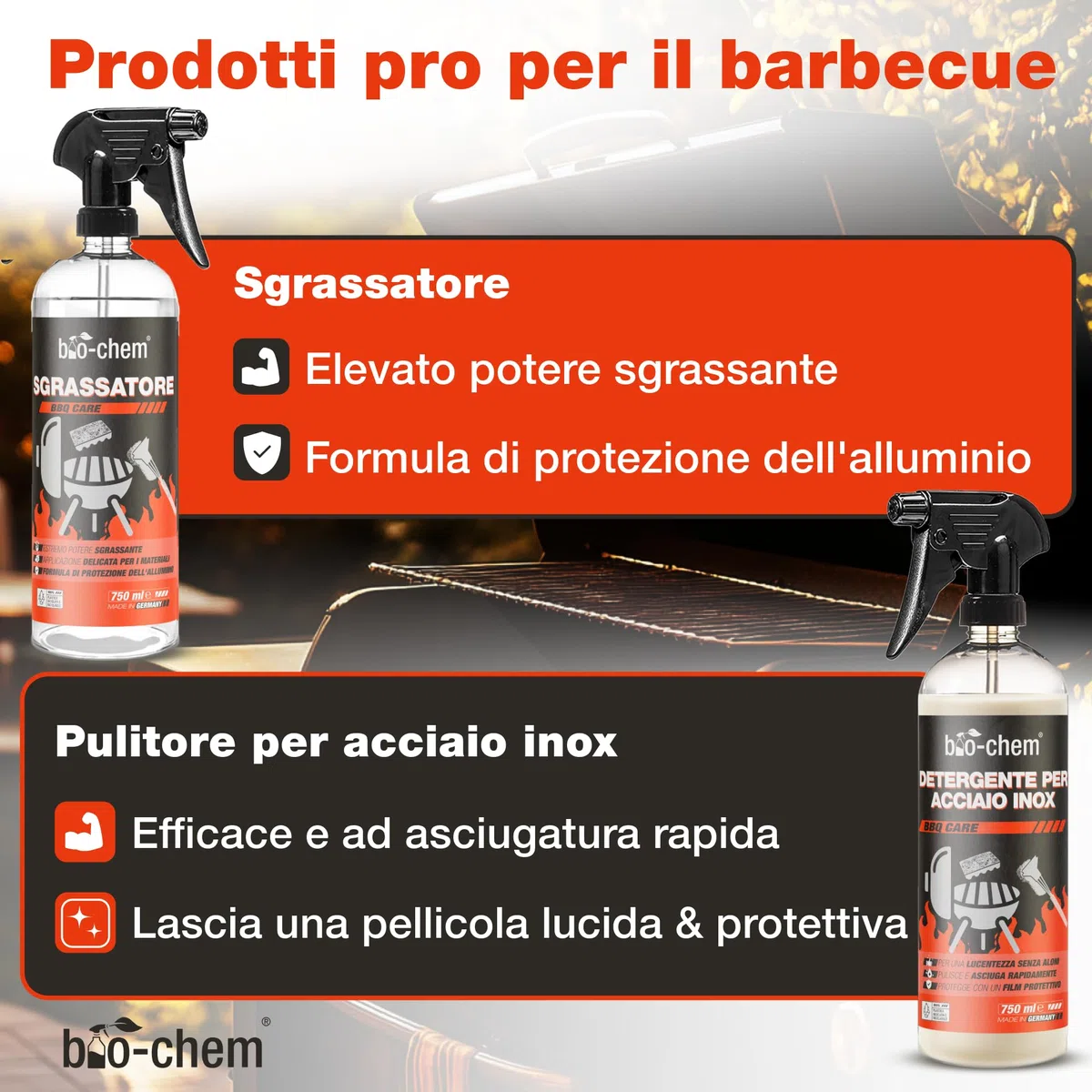 Bio-Chem - Set Pulizia per barbecue 9pz - Decapante resina 0,5L - Detergente per superfici bbq 750ml - Spray inox 750ml - Spray di olio 200ml - Kit completo con accessori griglie brillanti e protette
