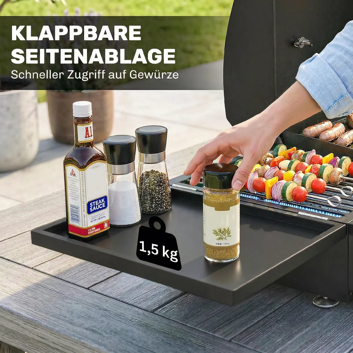 Outsunny Barbecue a gas 7,5 KW portatile da tavolo con 3 bruciatori, tavolo laterale, griglia smaltata, vassoio raccogli grasso, termometro, griglia a gas da tavolo, barbecue da picnic, per giardino