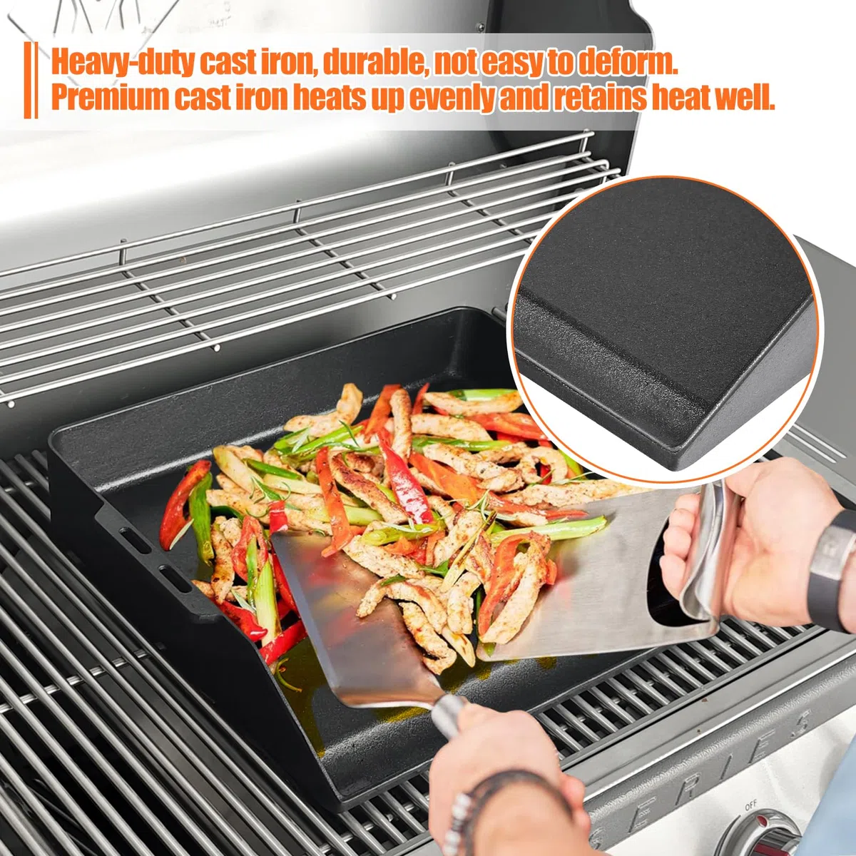 GFTIME Piastra grill in ghisa, 48 x 36 cm, universale, per barbecue a gas, forno e fornello, con vaschetta integrata per il grasso e pareti laterali extra alte