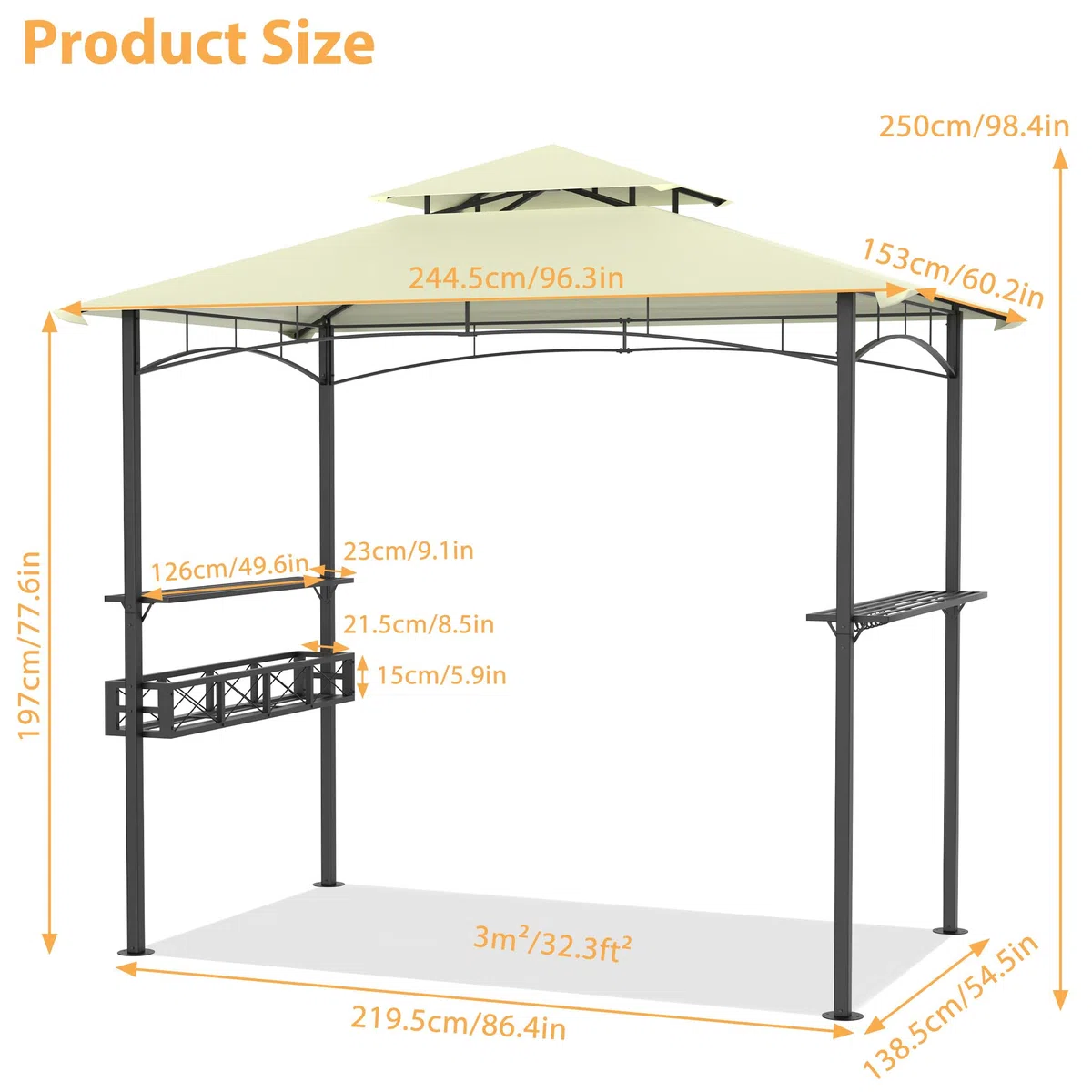 Gazebo da giardino con tetto a doppio strato, 245 x 153 x 250 cm, impermeabile, ignifugo, con base di spazio, tenda da giardino per feste, barbecue, beige