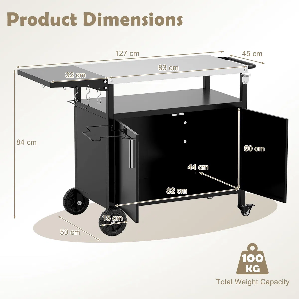 GIANTEX Carrello da Cucina Esterno con Piano in Acciaio Inox, Tavolo Laterale Pieghevole, Ruote e Supporto per Sacco della Spazzatura