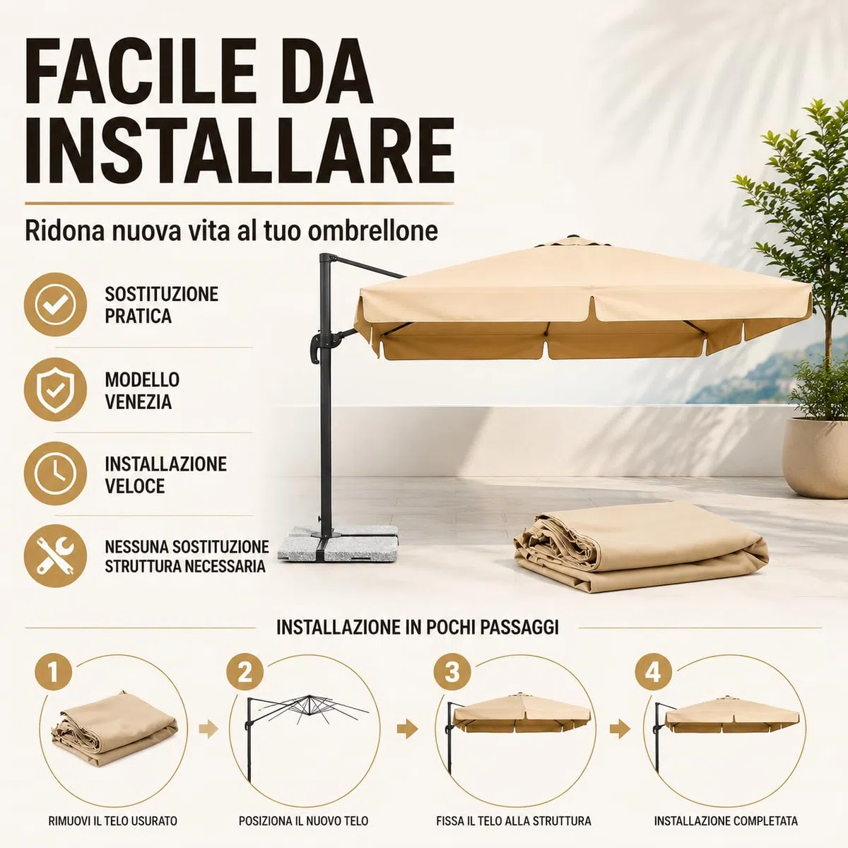 Mediawave Store - Telo di Ricambio Ombrellone Modello Venezia Braccio Decentrato Misura 3x3 mt Anti-UV Telo in Poliestere Ombreggiante