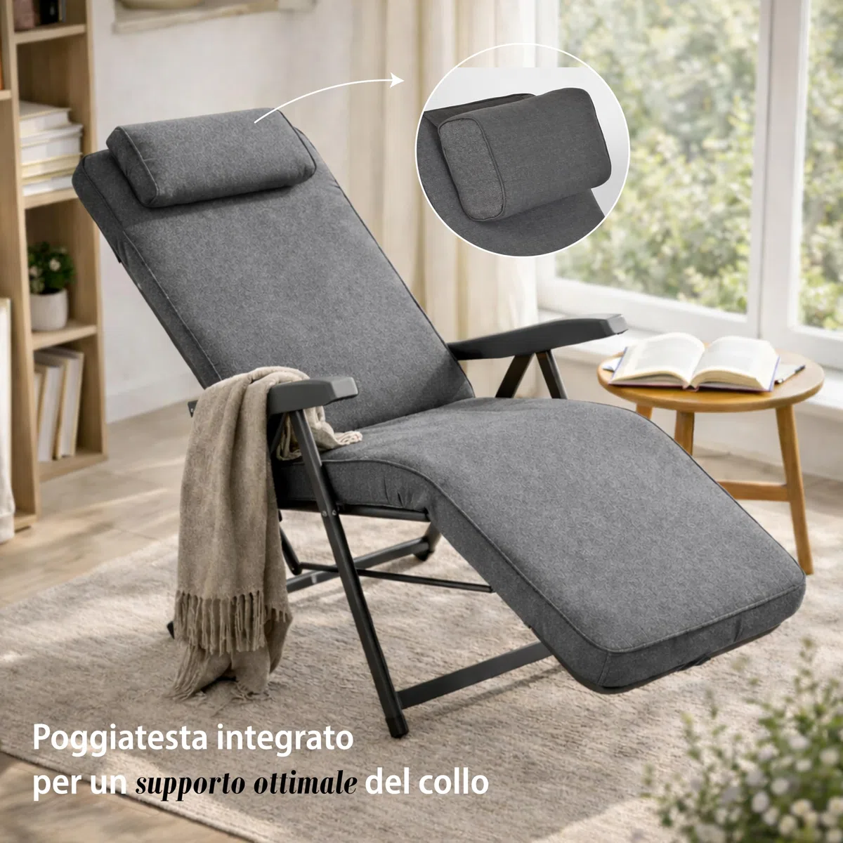 MA MAISON Poltrona Reclinabile Automatica Imbottita 154x60x65 cm - con Poggiatesta, 6 Posizioni, Braccioli Ergonomici, Struttura in Acciaio, Poggiapiedi, per Interno, Esterno - Made in Italy GRIGIO