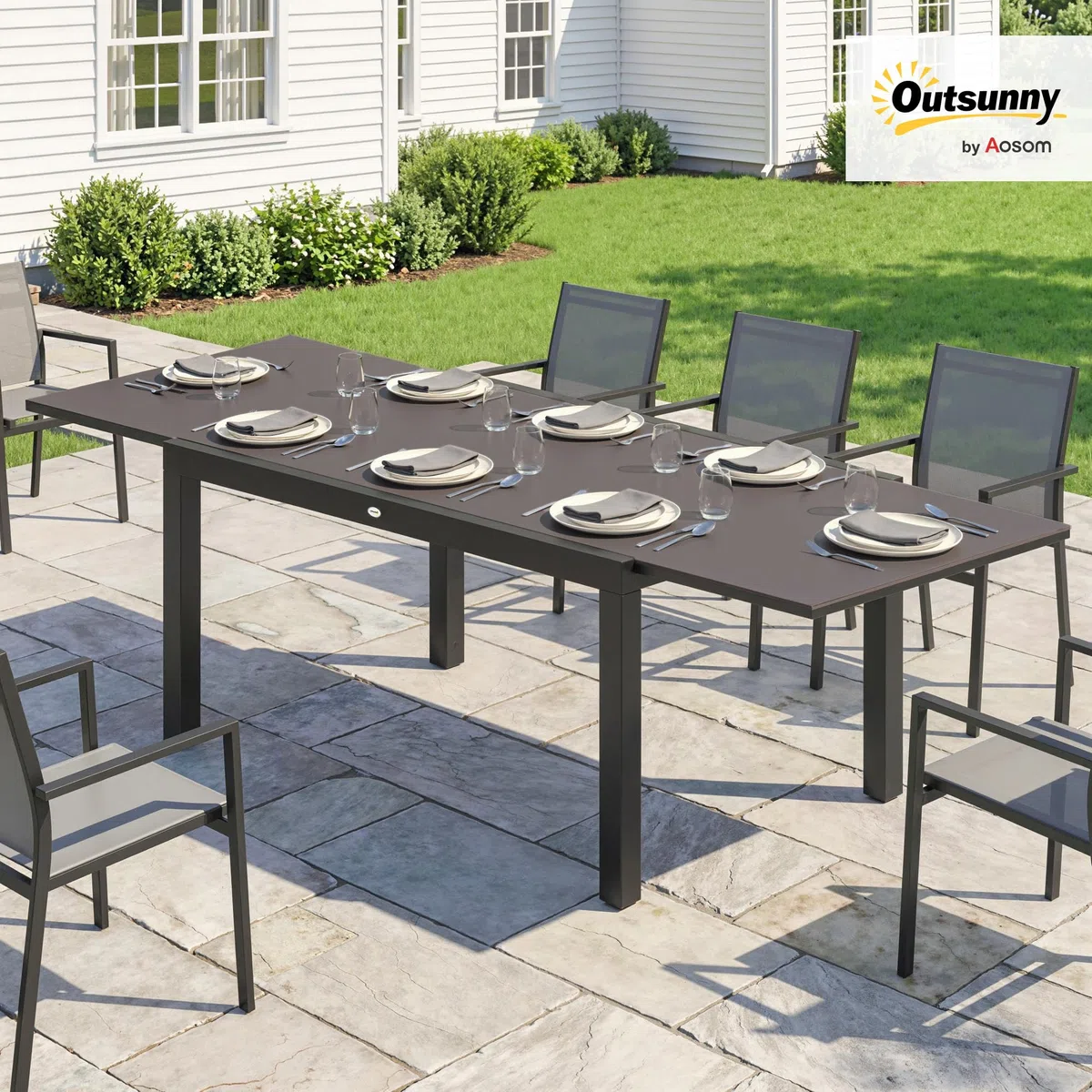 Outsunny Tavolo da Giardino Allungabile per 8-10 Persone 140/240x90 cm, Tavolo da Pranzo Estensibile Rettangolare con Piano in Vetro Temperato, Tavolo da Esterno per Patio Terrazzo Balcone, Nero