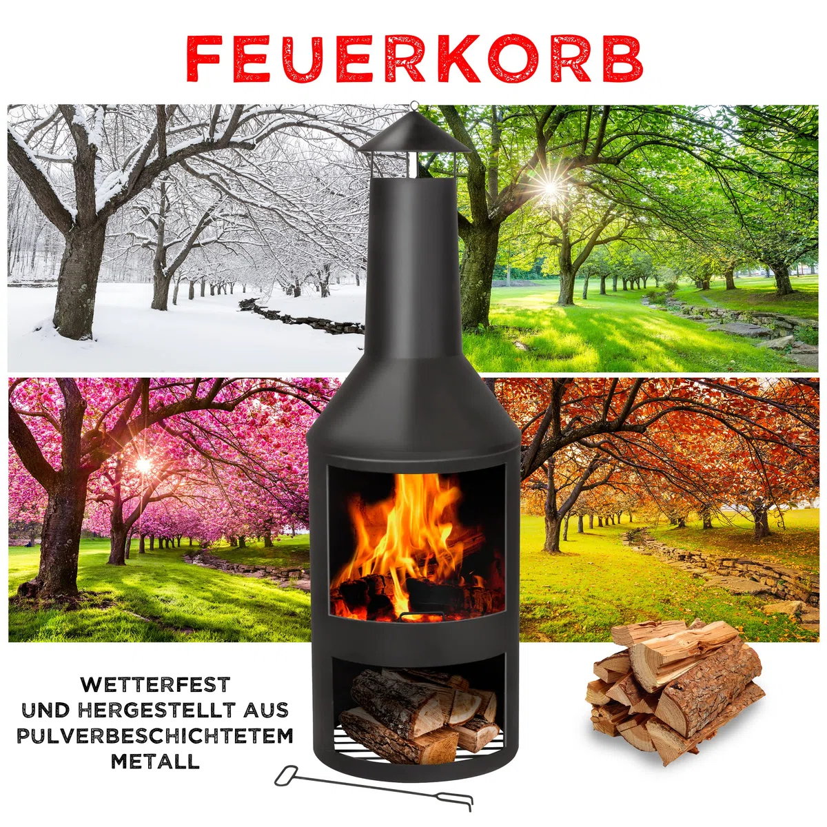 BBQ Collection Stufa da terrazza con camino – Braciere 44,5 x 44,5 x 134 cm – Camino da giardino per legna da ardere – Stufa da giardino con parascintille e ripiano in legno – stufa per terrazza