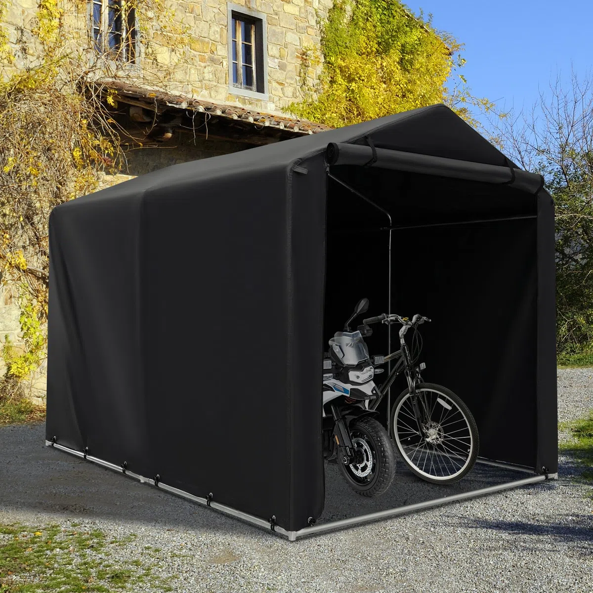 COSTWAY Capanno di Stoccaggio per Esterni, Garage Portatile per Biciclette, Motociclette, Attrezzi da Giardino, Carport per Bici con Porta a Rullo e Cerniera, 160 x 218 x 164 cm (Grigio Scuro)