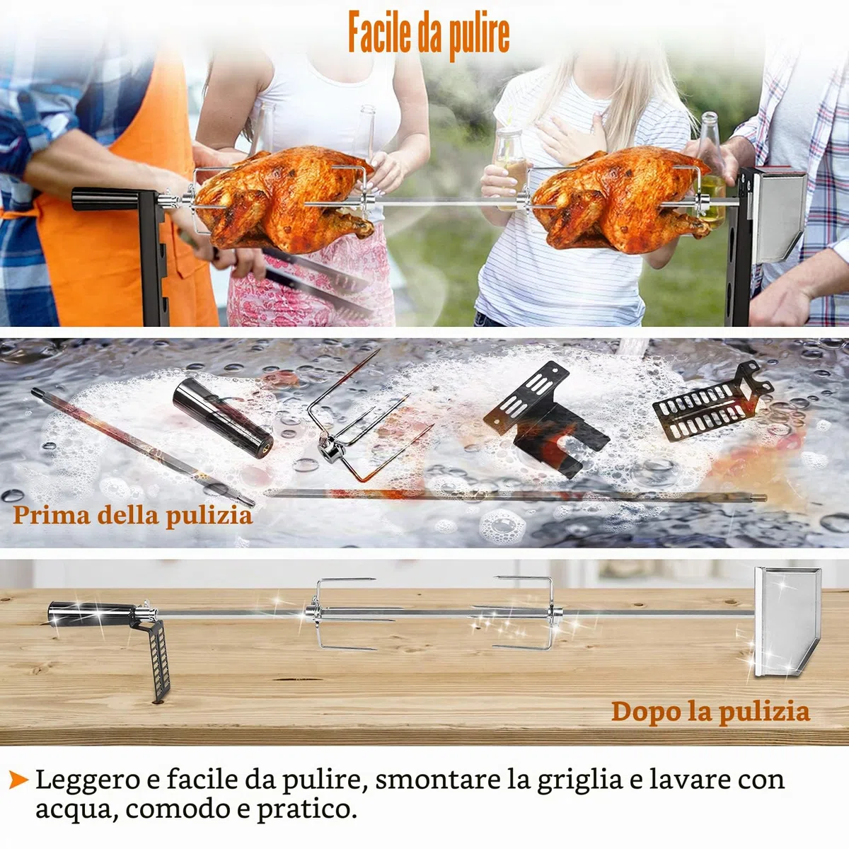 ACXIN Set spiedi elettrici in acciaio inox, 107 cm, motore, spilli da carne, spiedo girevole, griglia 2 forchette, per campeggio, feste, giardino, picnic (220-240V)