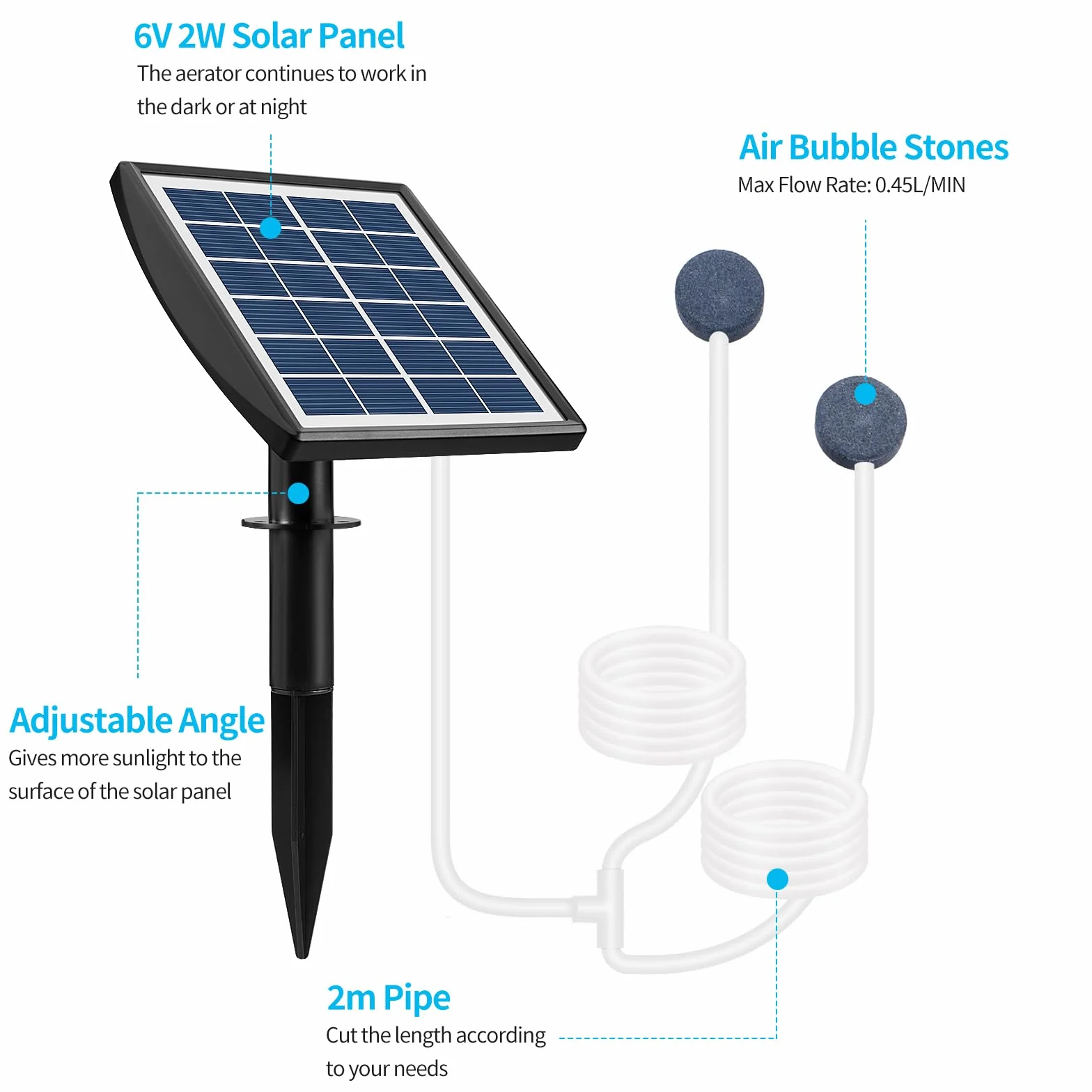 Weinsamkeit Aeratore Laghetto Solare, Ossigeno Solare per Laghetto con Batteria 2200mAh, Ossigenatore per Laghetto con Tubo di Ossigeno e 2 Pietra Della Bolla, Aeratore per Laghetti, Acquari