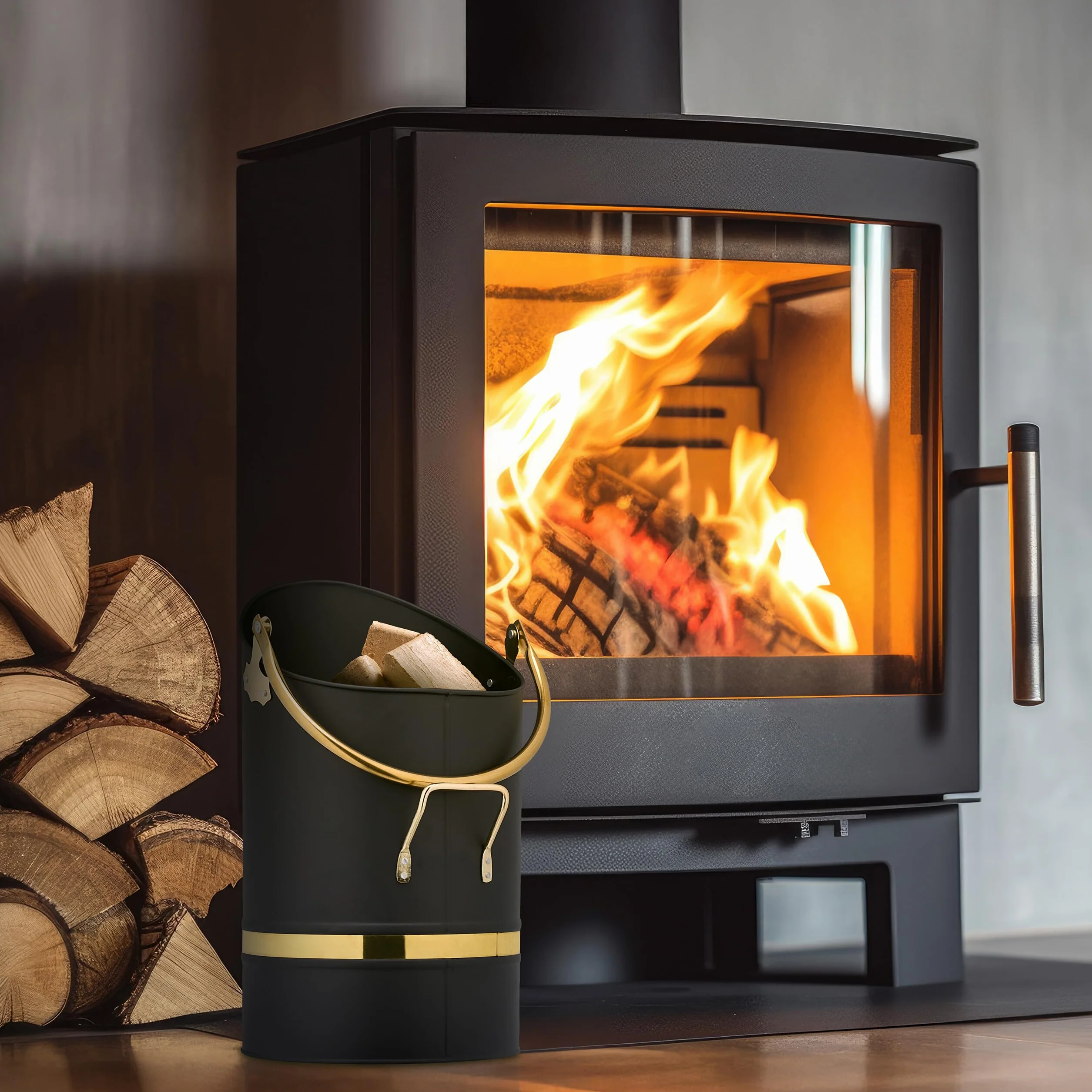 Relaxdays Contenitore Porta Carbone da Camino, Secchio Pellet Caminetto, Secchiello Portacenere da 12 L, Ferro, Nero Oro
