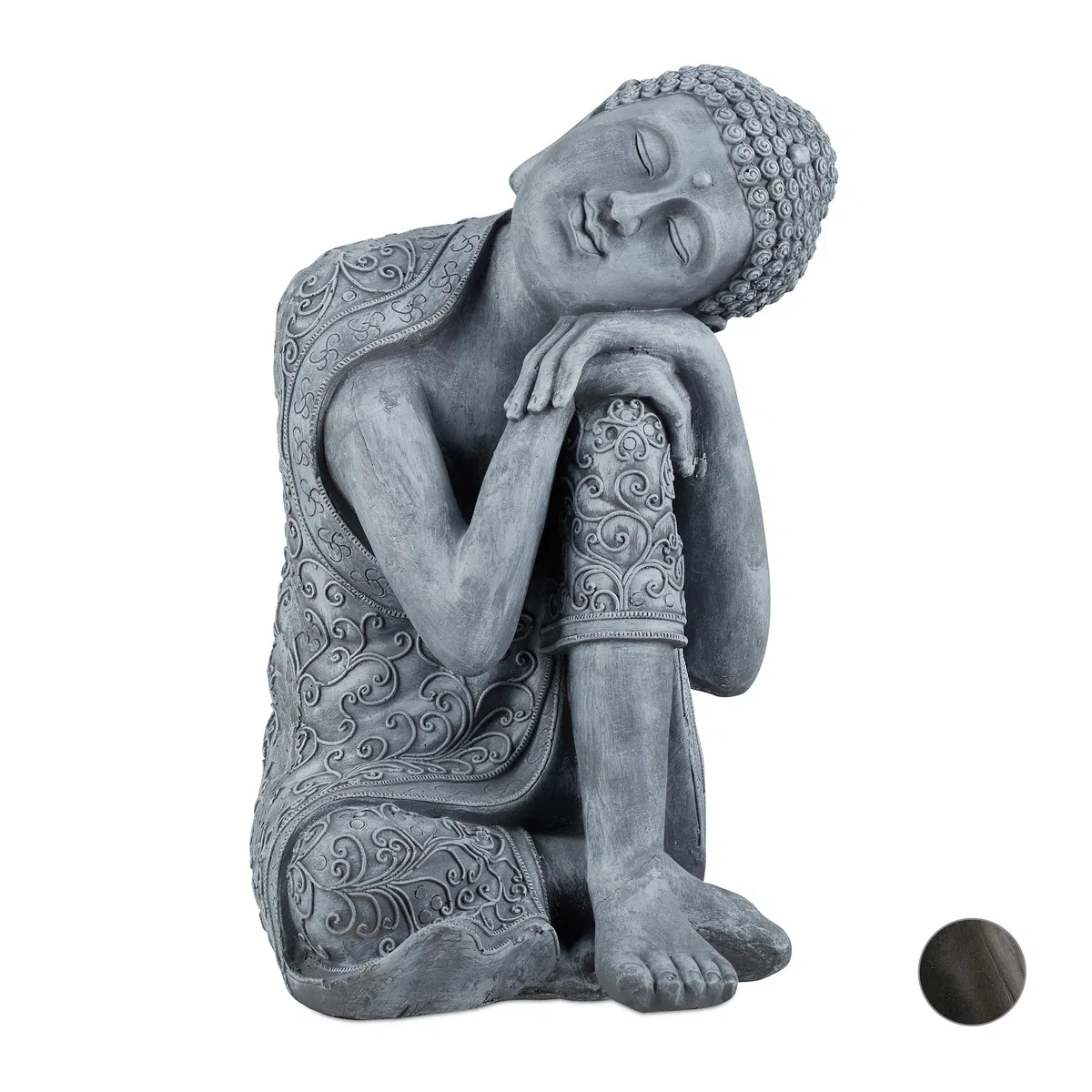 Relaxdays Statua del Buddha con Testa Piegata XL 60cm Ceramica Impermeabile Giardino Grigia