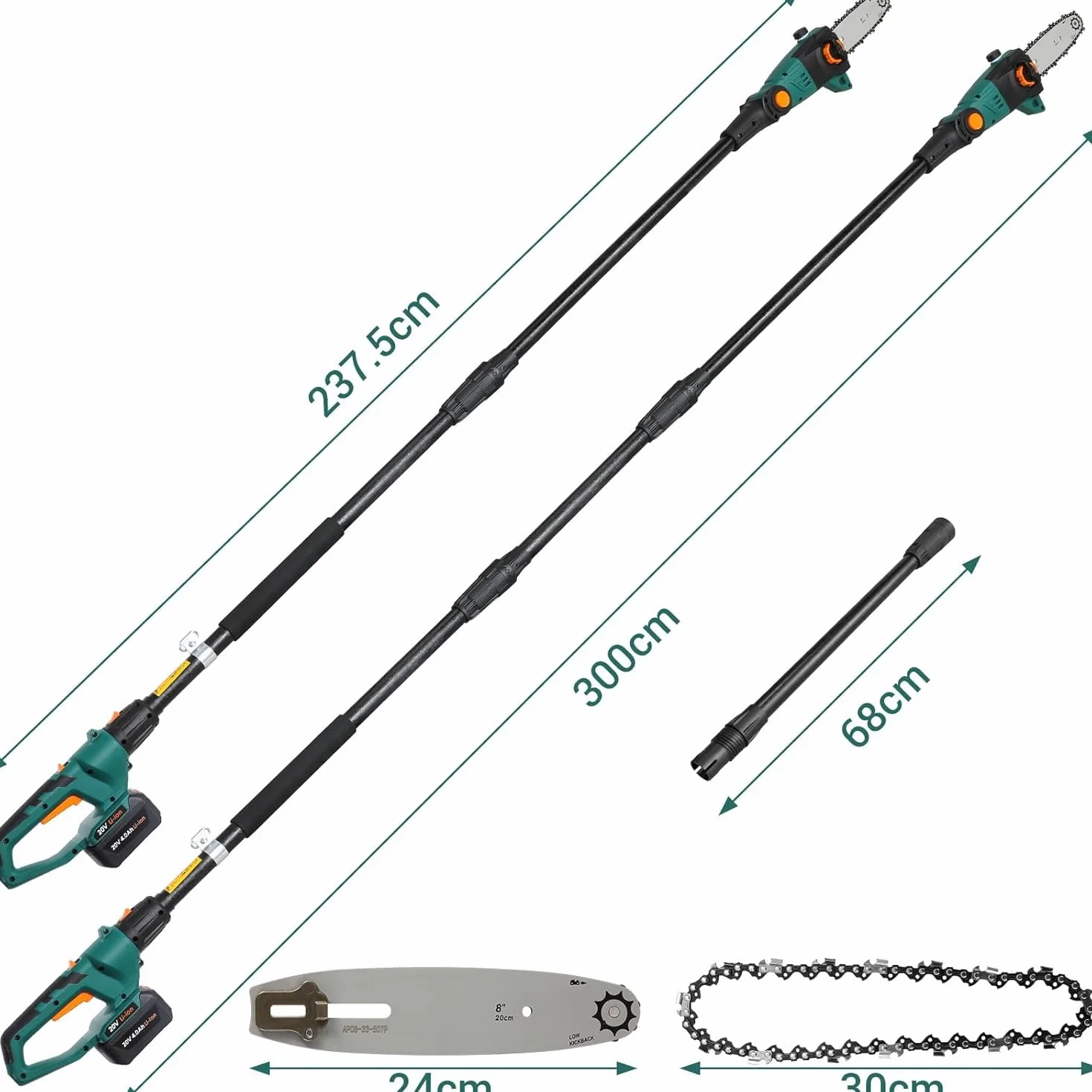 Potatore Telescopico, Sega Potatrice Elettrica, Sega ad Asta a Batteria, Batteria 20V 4Ah e Caricabatterie, Lama 24cm, Velocità Catena 5 m/s, Auto-Lubrificante, Testa Inclinabile, incl. Tracolla, 4 M