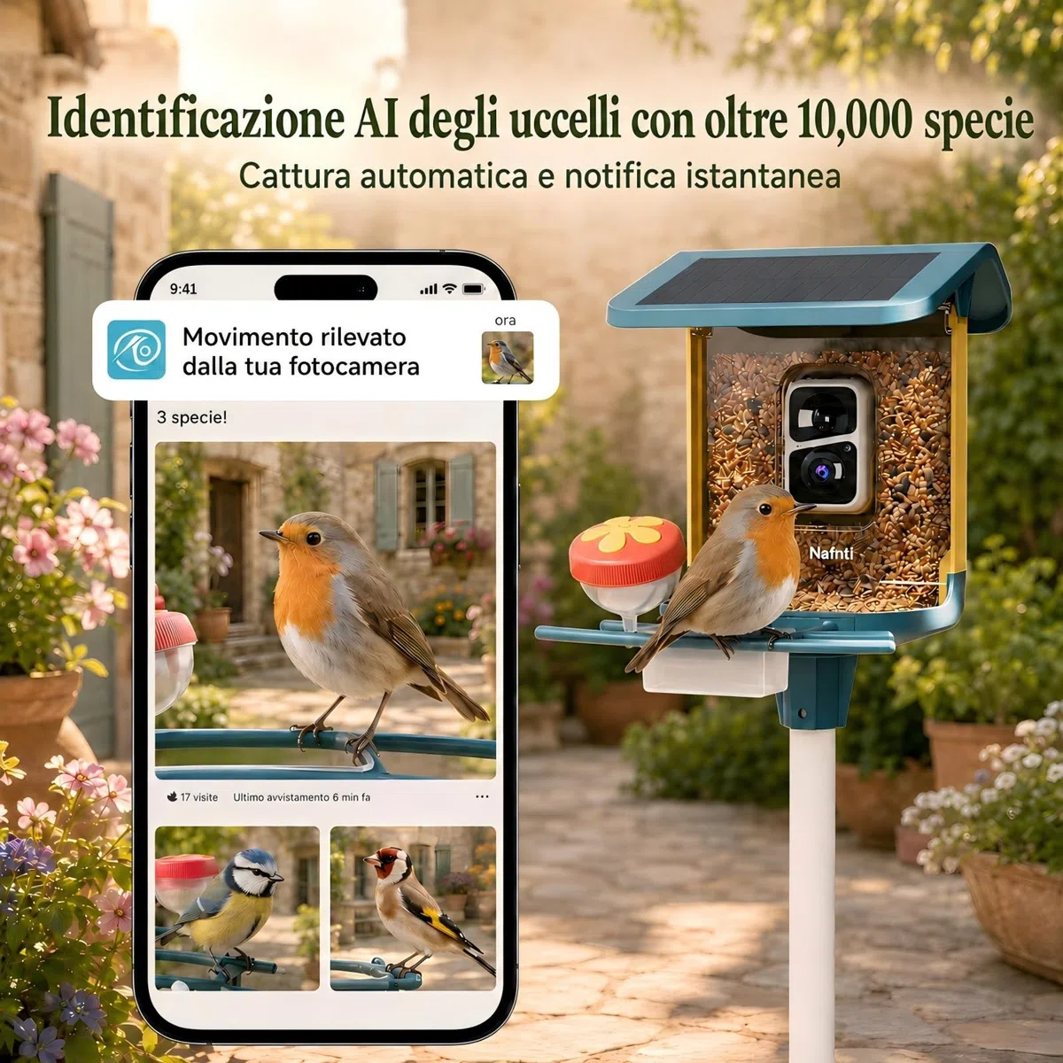 Mangiatoia intelligente per uccelli 2K con fotocamera, alimentazione solare, AI identifica oltre 10.000 uccelli, capacità 1,8 l, impermeabile IP65