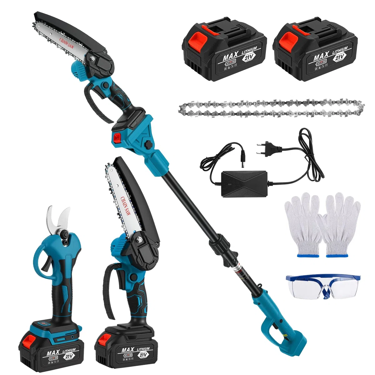 Mini motosega a batteria da 6 pollici con motore senza spazzole, motosega elettrica senza fili con batteria 2000 mAh*2 e caricabatterie, sega a catena con asta telescopica 1,8 m per rami e giardino