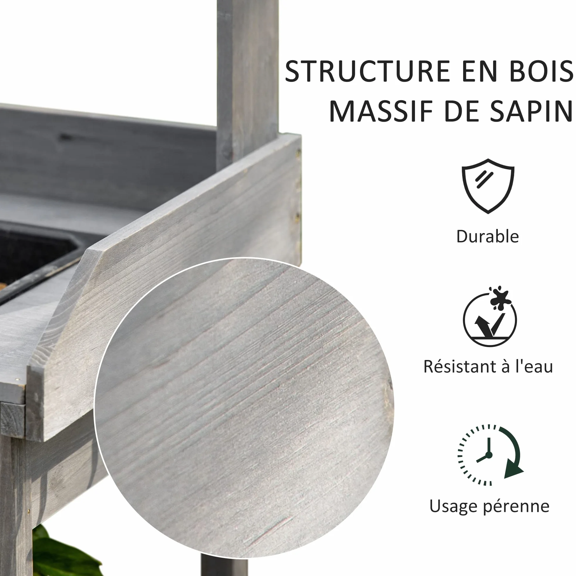 Outsunny Tavolo da giardinaggio multifunzionale con cassetto, 3 ripiani, lavello, 3 ganci - tavolo da giardinaggio in legno di abete preoliato grigio