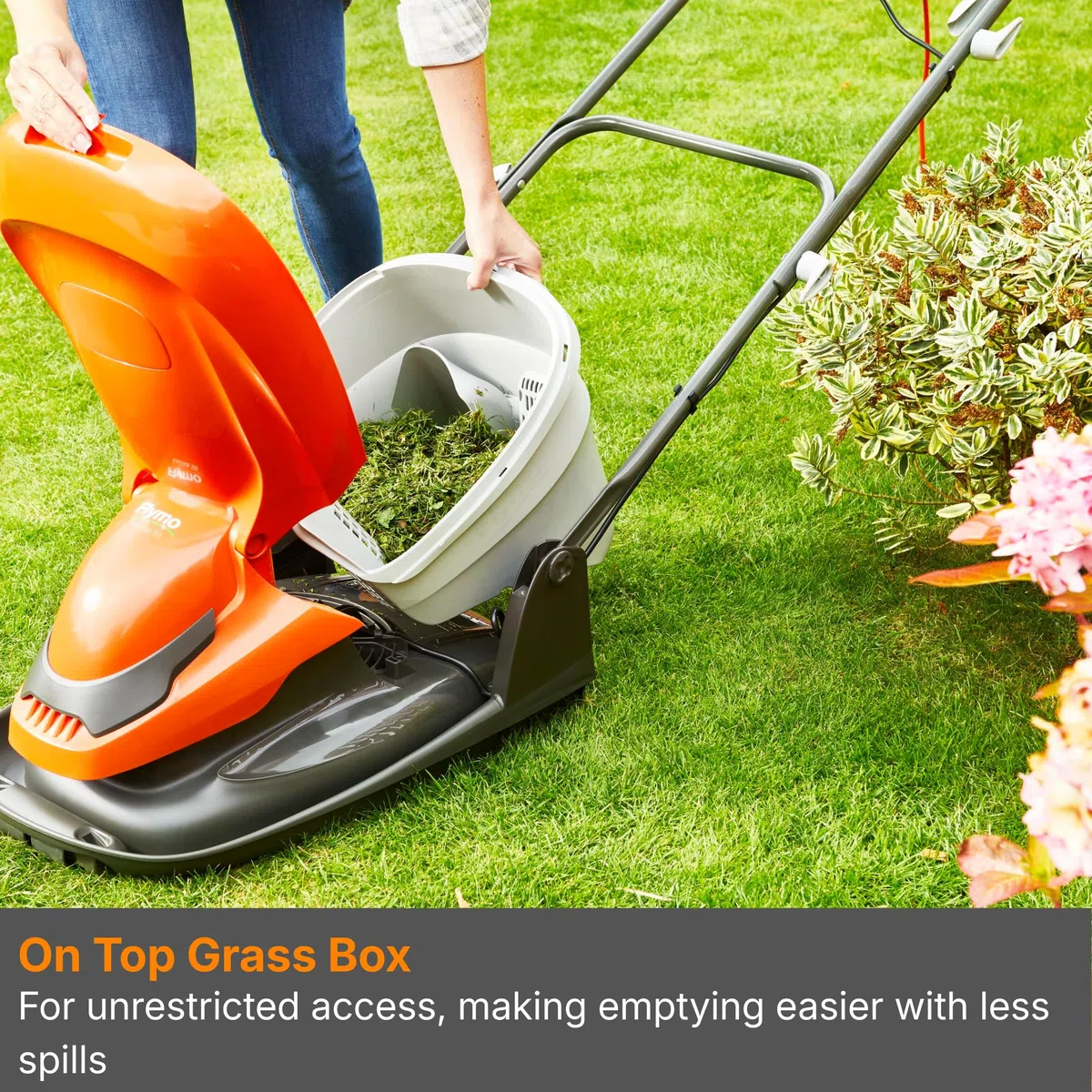 Flymo Tosaerba EASIglide 300 Hover Collect, motore da 1700 W, larghezza di taglio 30 cm, contenitore per erba da 20 litri, pieghevole, lunghezza cavo 10 m, arancione e grigio