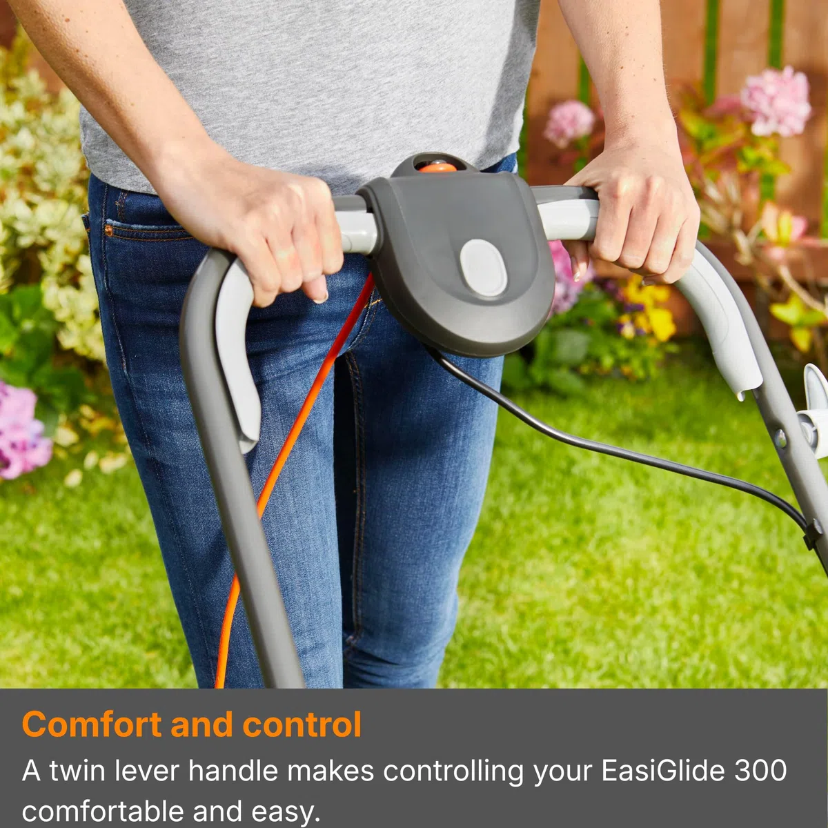 Flymo Tosaerba EASIglide 300 Hover Collect, motore da 1700 W, larghezza di taglio 30 cm, contenitore per erba da 20 litri, pieghevole, lunghezza cavo 10 m, arancione e grigio