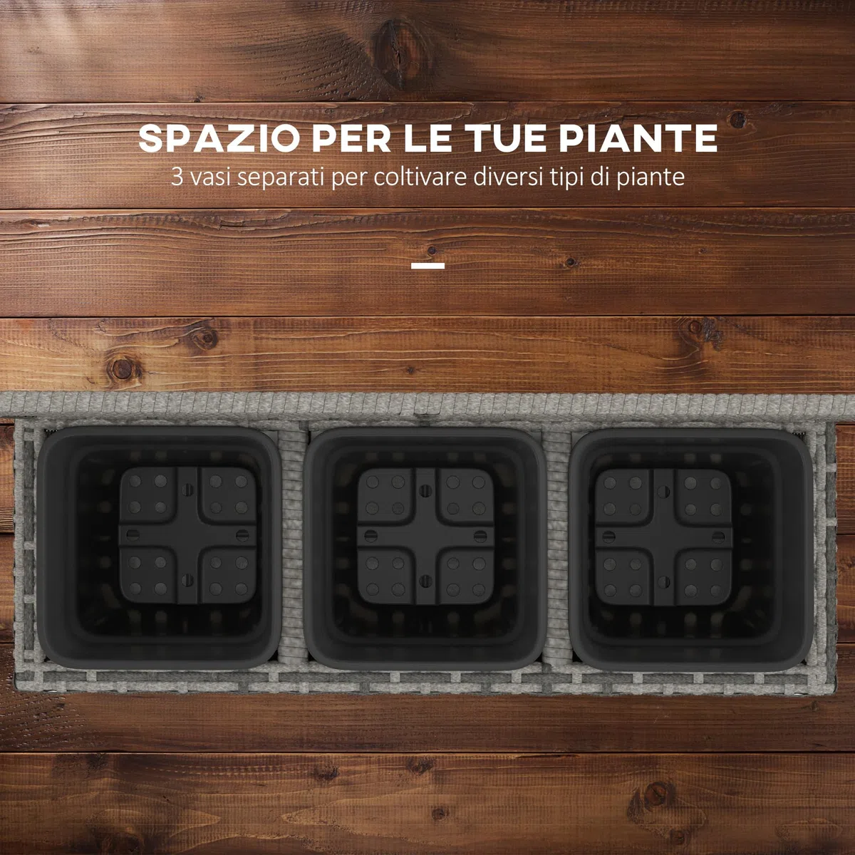 Outsunny Fioriera per Piante con Grigliato per Rampicanti, Aiuola Rialzata con 3 Vasi Interni, Struttura in Acciaio e Rattan PE, 84x30x107cm, Grigio