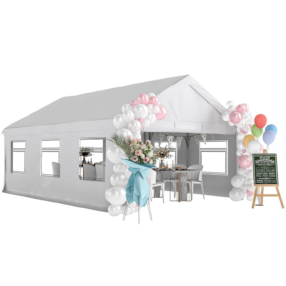 Outsunny Tendone per Feste 4x6 m con Pareti Laterali, Gazebo da Giardino in Acciaio Zincato a Caldo con 2 Porte a Cerniera, 6 Finestre, Corde, Gazebo da Esterno per Matrimoni Eventi, UV30+, Bianco